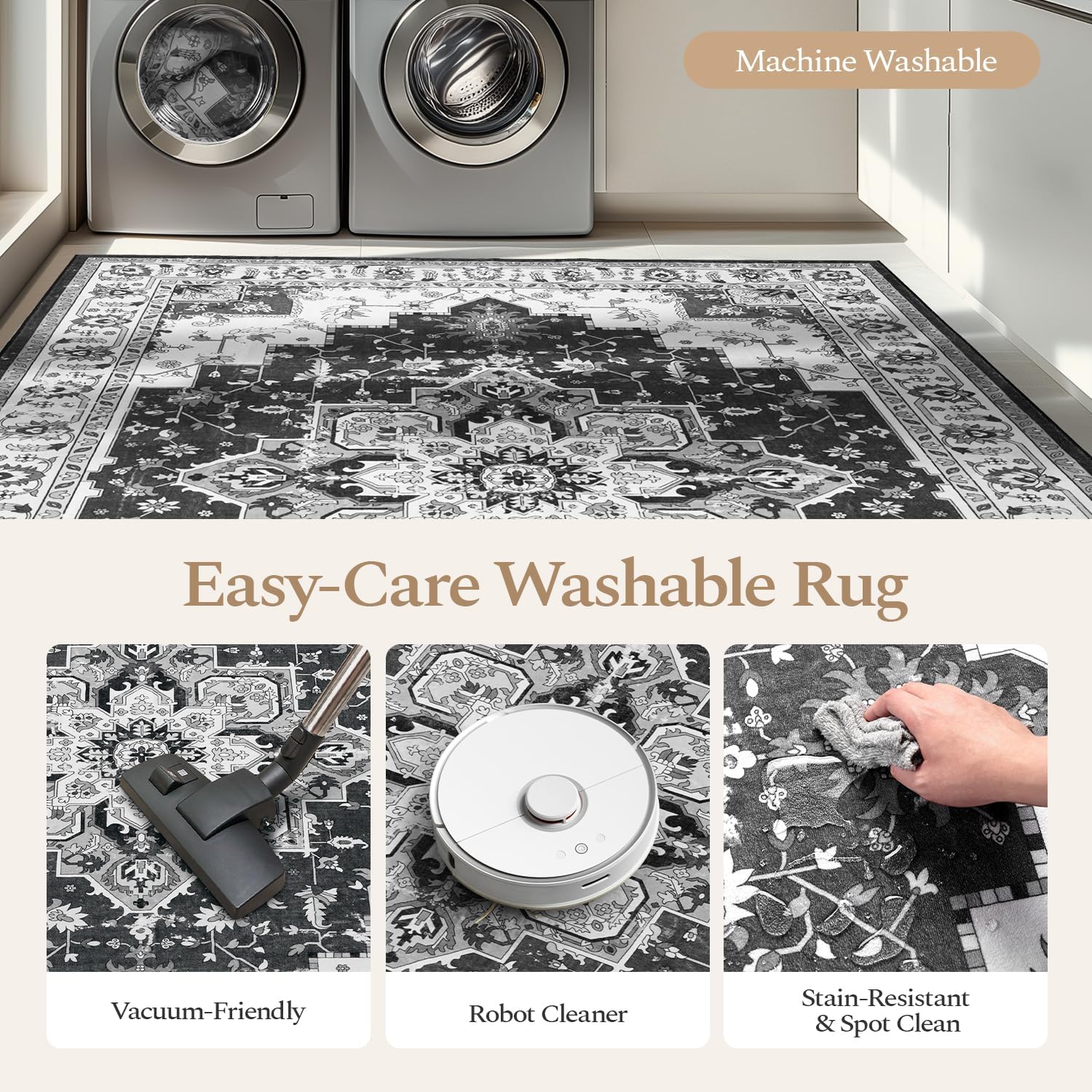 Rugflix 5x7 Area Rug for Living Room, Vintage Washable Area Rug with Non Slip Backing & Low Pile, Floral Soft Foldable Carpet for Bedroom Dining Room, Grey