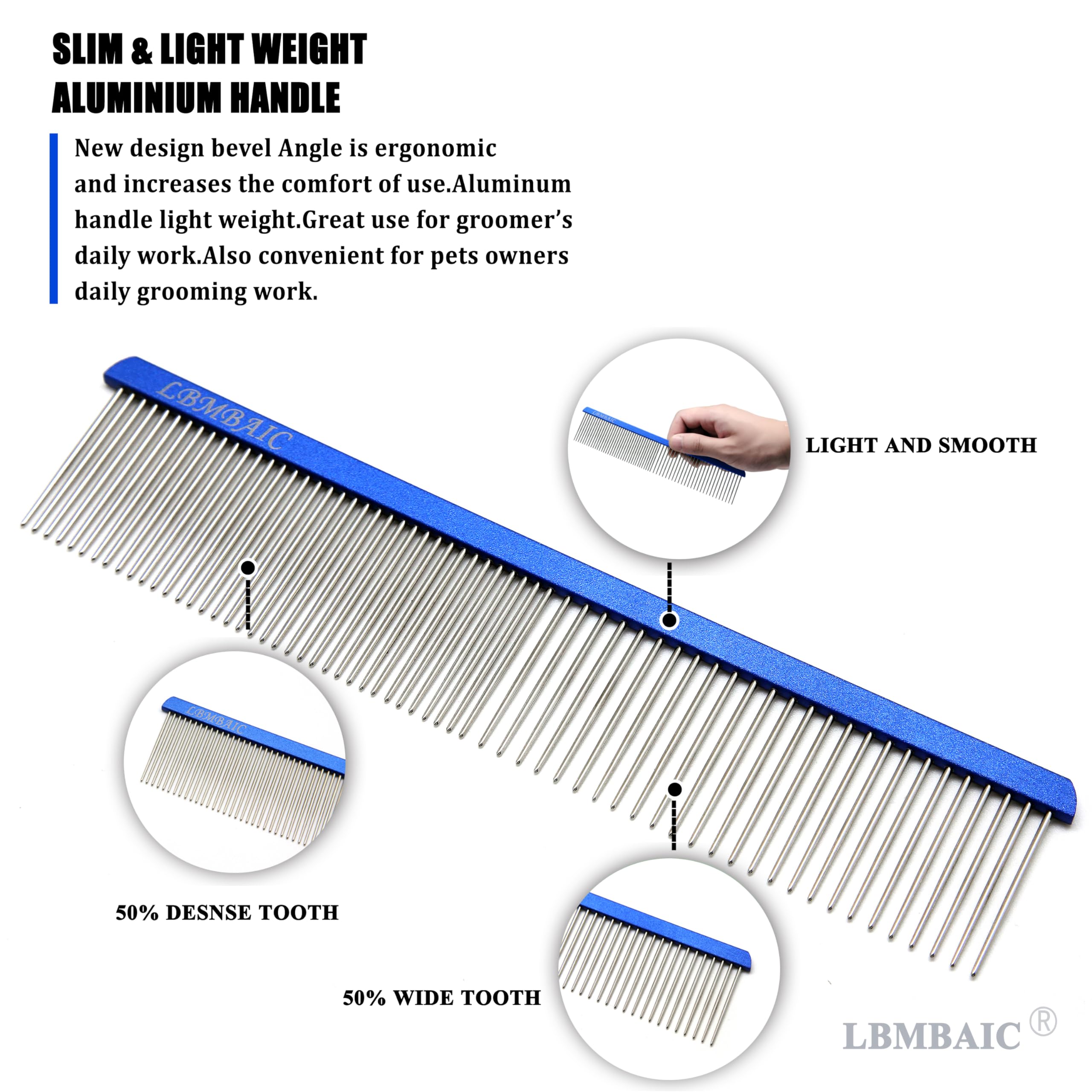 Peine de aseo de metal para perros con dientes largos y anchos, peine profesional para perros, reduce el pelo suelto, enredos, nudos y alfombrillas. 7.5 pulgadas