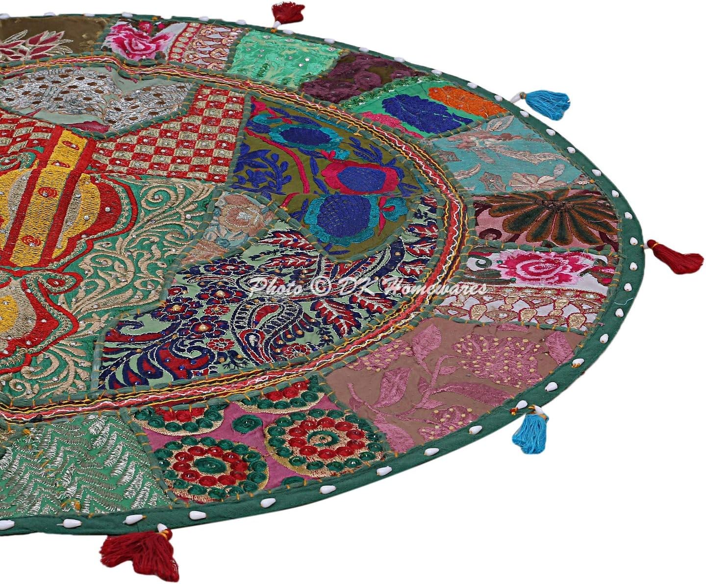 Round Traditional Floor Cushions Seating for Adults Dark Green 32 Inch Patchwork Living Room Pouf Ottoman Home Decor Embroidered Vintage Cotton Indian Floor Pillow Cover 80 cm
