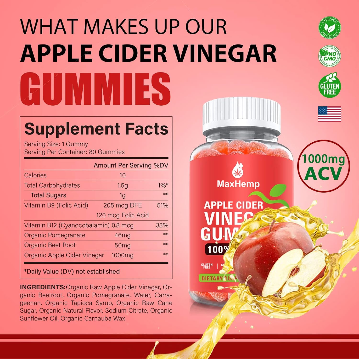 (2 Pack) 1,000mg Organic Apple Cider Vinegar Gummies with The Mother - ACV Gummy for Immune Support, Detox & Weight Loss - Vitmain B9, B12, Gluten-Free, Vegan, Non-GMO - for Adult & Kids