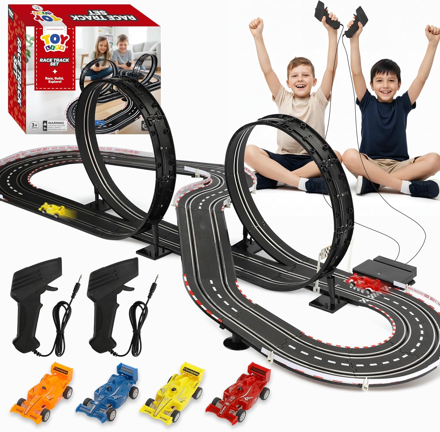 Electric Slot Car Race Track Sets for Kids Ages 4-8, 20ft 2-Player 4-Lane Race Track with 2 RC Cars Speed-Controlled, Racing Circuit Toy for Boys 4-12, Pista de Carros para Niños