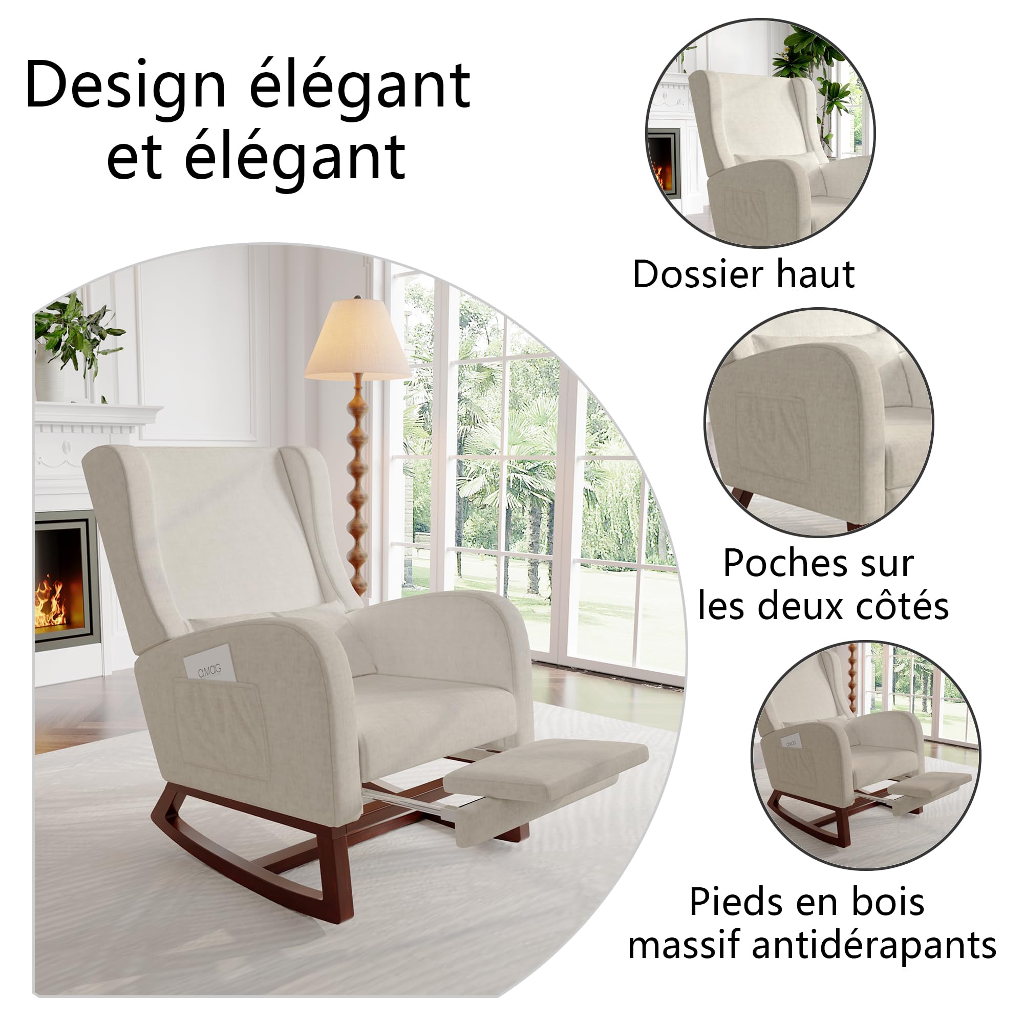Générique Fauteuil à Bascule en Velours, Chaise a basule avec Oreiller Lombaire, Poche latérale et Repose-Pieds, Rocking Chair, Fauteuil de Salon à Bascule pour Salon, Chambre (Beige)