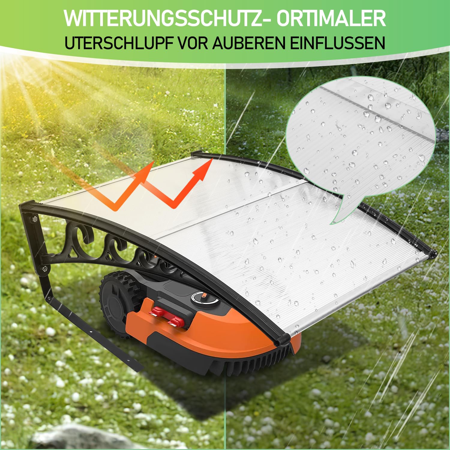 Daromigo Mähroboter Garage Dach Carport für Rasenmäher Rasenroboter Automower, 105x85x45cm, Rasenroboter Garage für Garten Witterungsbeständig UV Schutz, Mährobotergarage mit Metallfüßen, Transparent