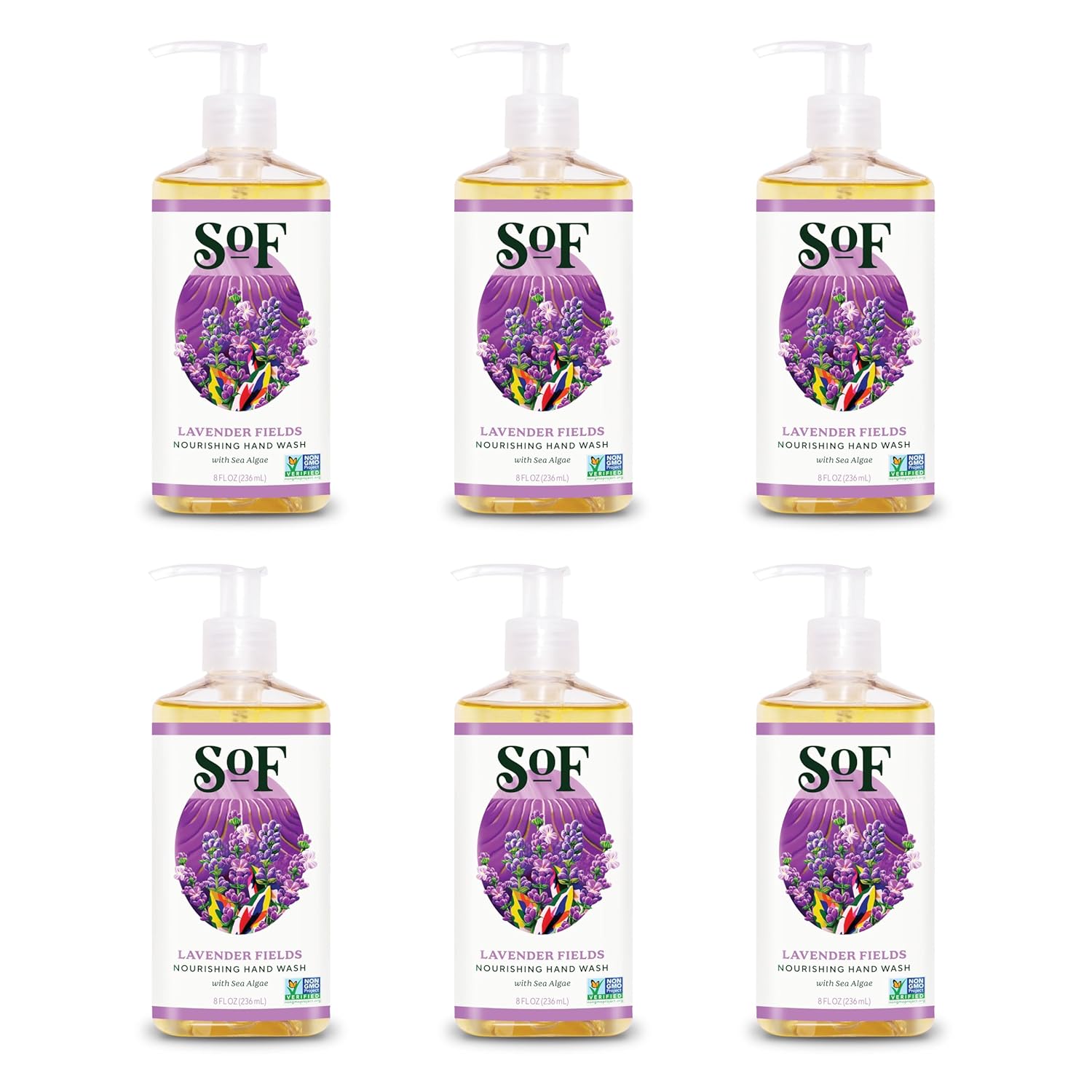 South Of France SoF Nourishing Hand Wash - With Moisturizing Sea Algae, Coconut & Olive Oil- Vegan & Non GMO- Free From Phthalates, Sulfates & Parabens- Lavender Fields - 8 oz Bottle 6 Pack