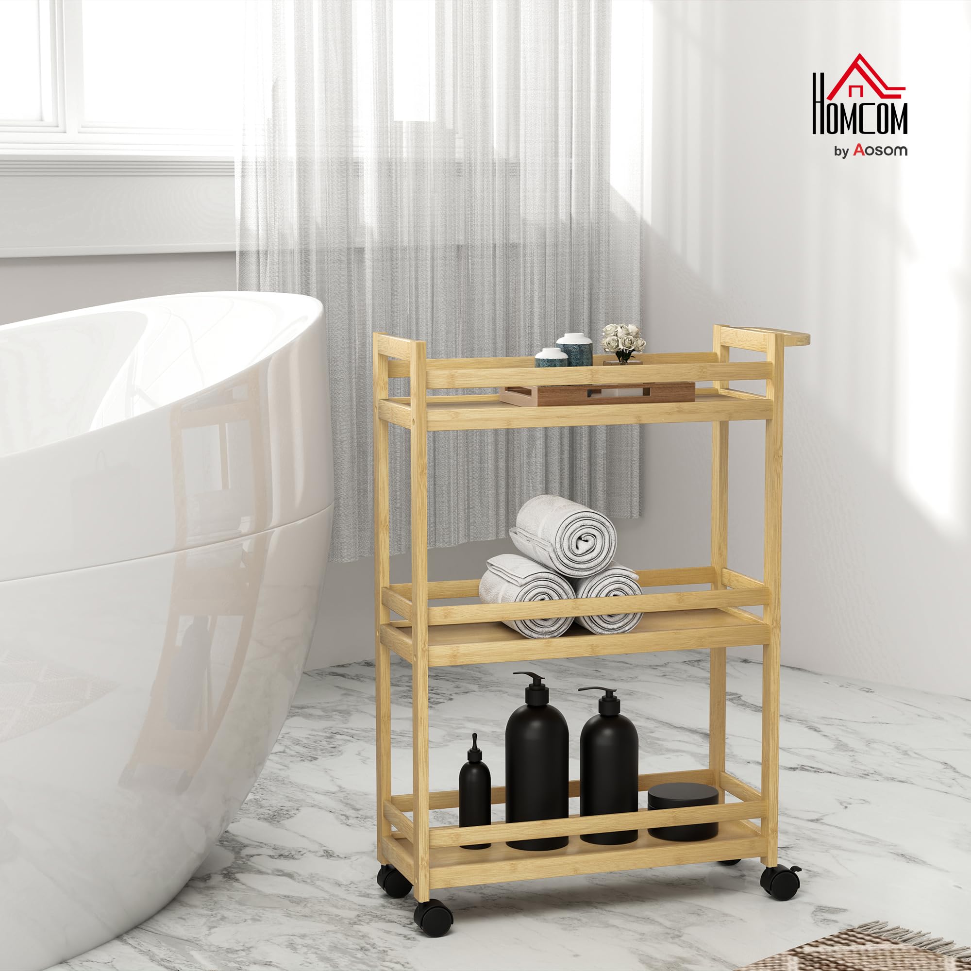 HOMCOM Étagère de Rangement de Salle de Bain en Bambou à 3 Niveaux, Chariot de Rangement, Meuble Salle de Bain avec roulettes pour Cuisine, Salle de Bain, Salon, dim. 55 x 20 x 75 cm - Naturel