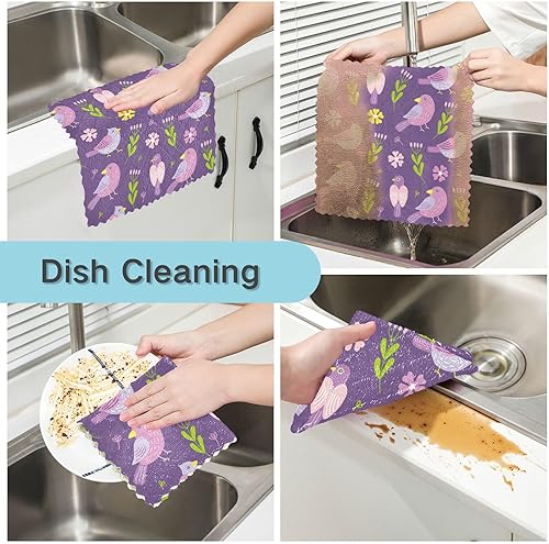 Miniatura 2 de Spring Birds Flowers Leaves Purple Soft Print Microfiber Cleaning Cloths Quick Dry Set of 6 Microfiber Drying Towel Kitchen for Bathroom