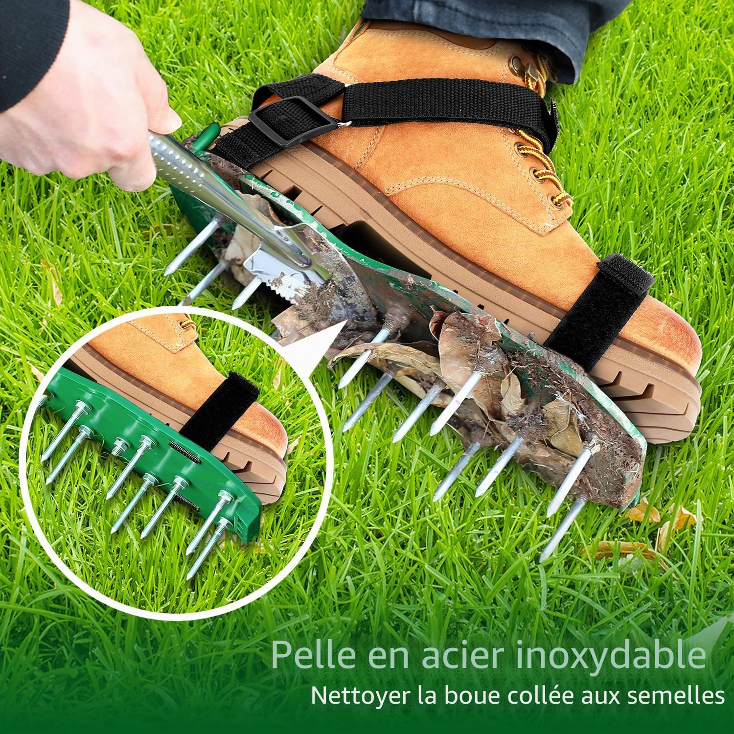 Ohuhu Sandales Aérateur Pelouse Installation Gratuite, Aérateur de pelouse avec Pelle en Acier Inoxydable, Chaussure à Gazon Chaussures à Ongles Scarificateur Gazon Chaussures pour Gazon, Noir