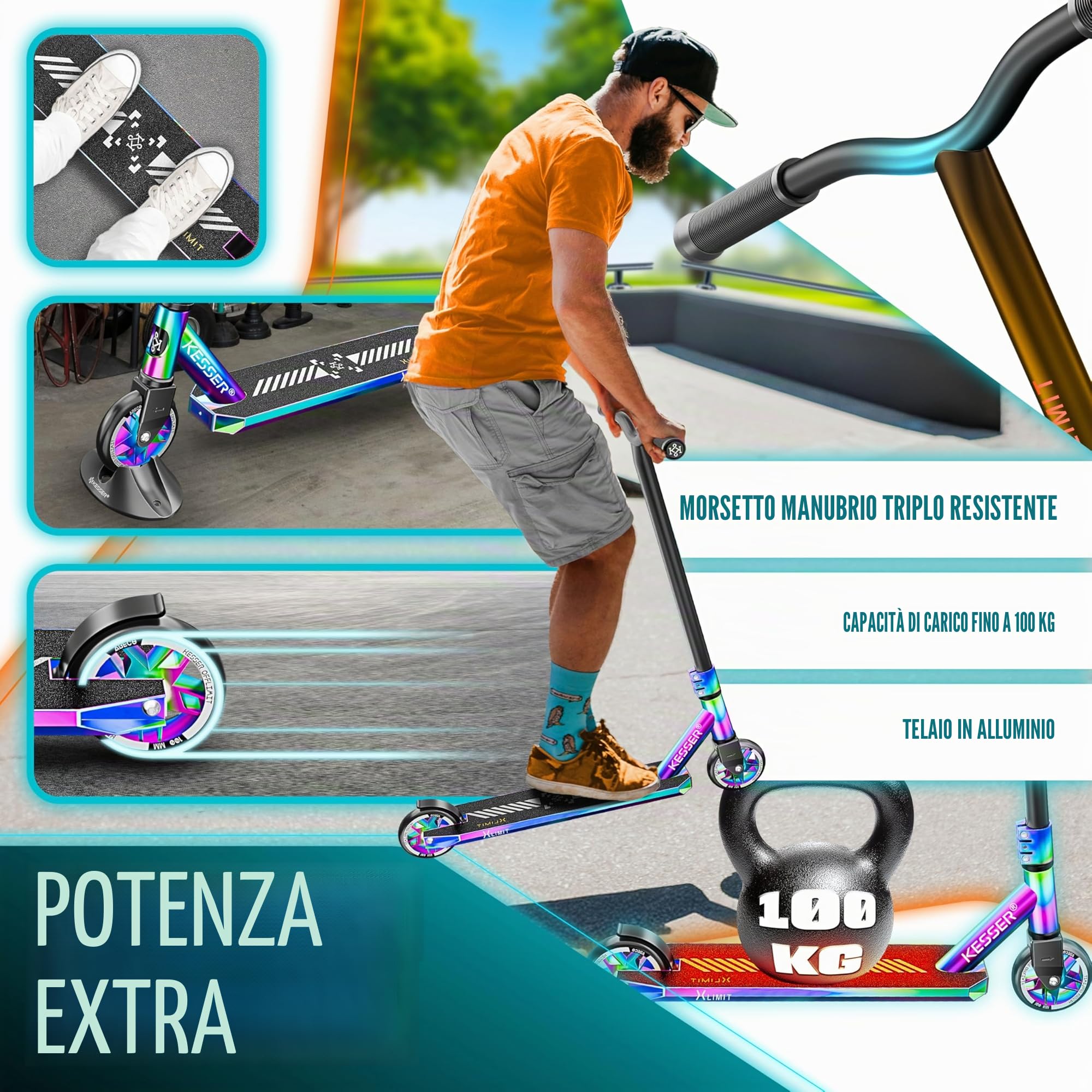 KESSER® Monopattino acrobatico X-Limit-PRO 360Ḟ Divertente Monopattino Monopattino acrobatico con Supporto ABEC 9 Cuscinetti a Sfera, Ruote in PU da 110 mm, Monopattino Scooter