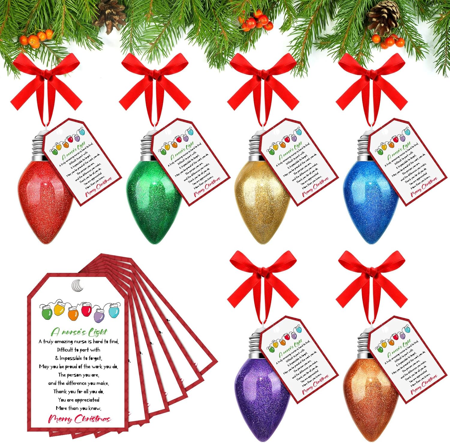 6 Set Nurse Christmas Ornament Christmas Nurse Gifts Appreciation Bulb Ornament Glitter Thank You Decoration with Red Poem Card Bow for Xmas Tree