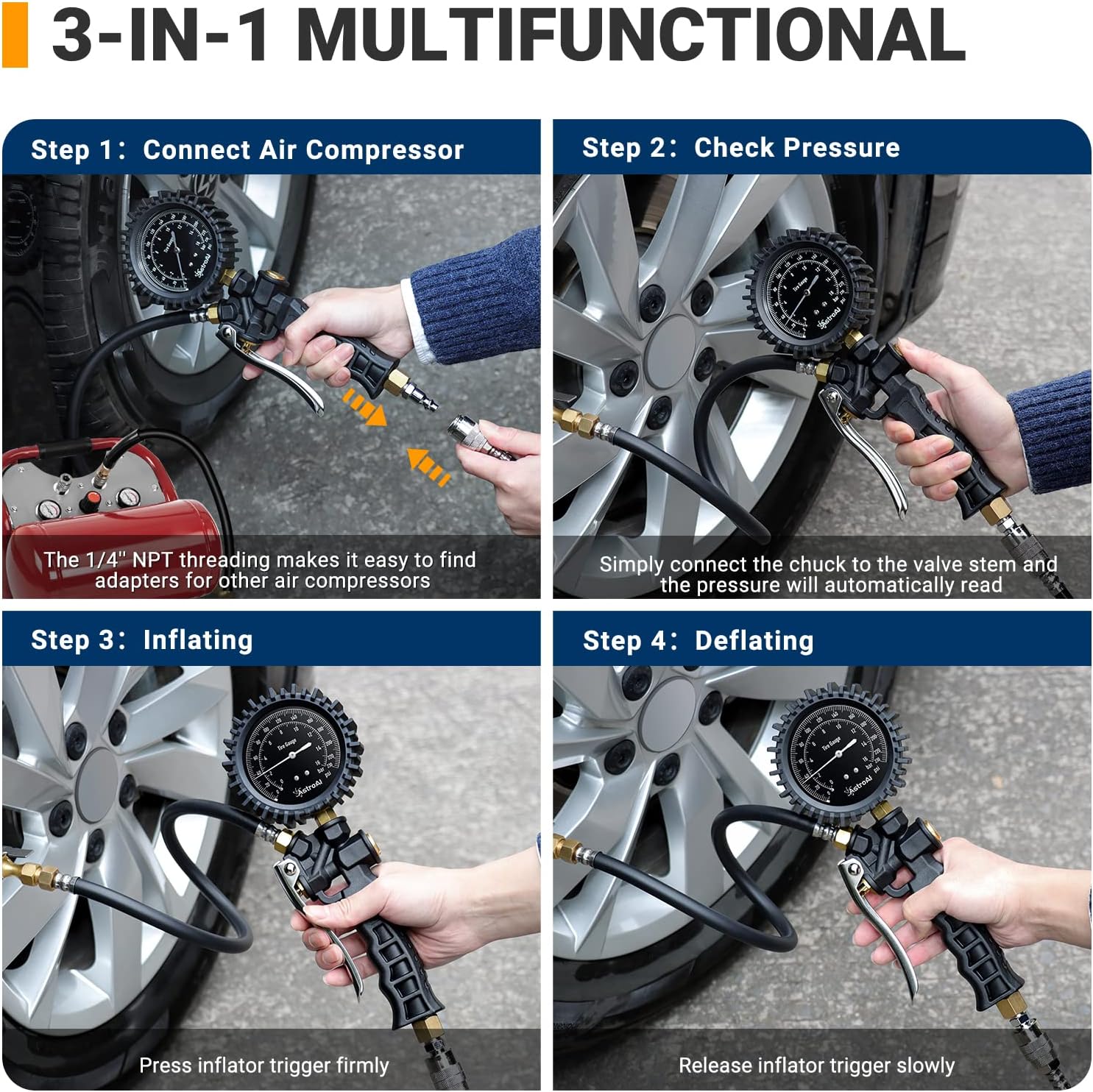 AstroAI 230PSI Mechanical Tire Pressure Gauge & Air Chuck Heavy Duty Closed Flow Lock On Tire Chuck 2 Pack : Automotive