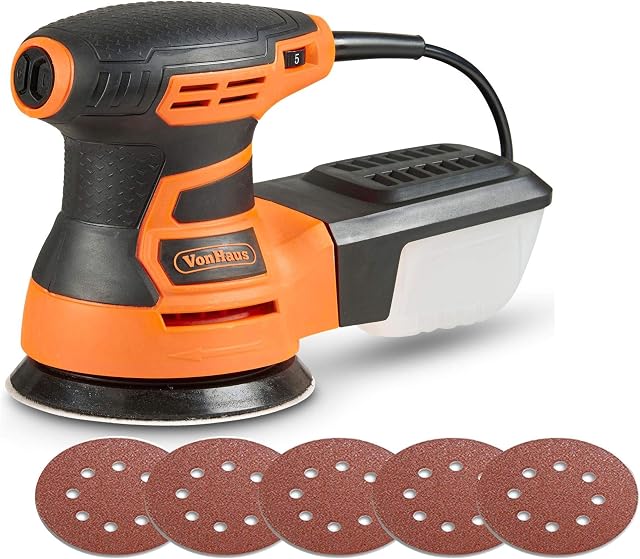 VonHaus 350W Random Orbit Sander, Variable Speed 13000RPM - 125mm 5 - with Dust Collection System, 5 Sanding Pads Included, Soft Grip Handle, Ergonomic Design