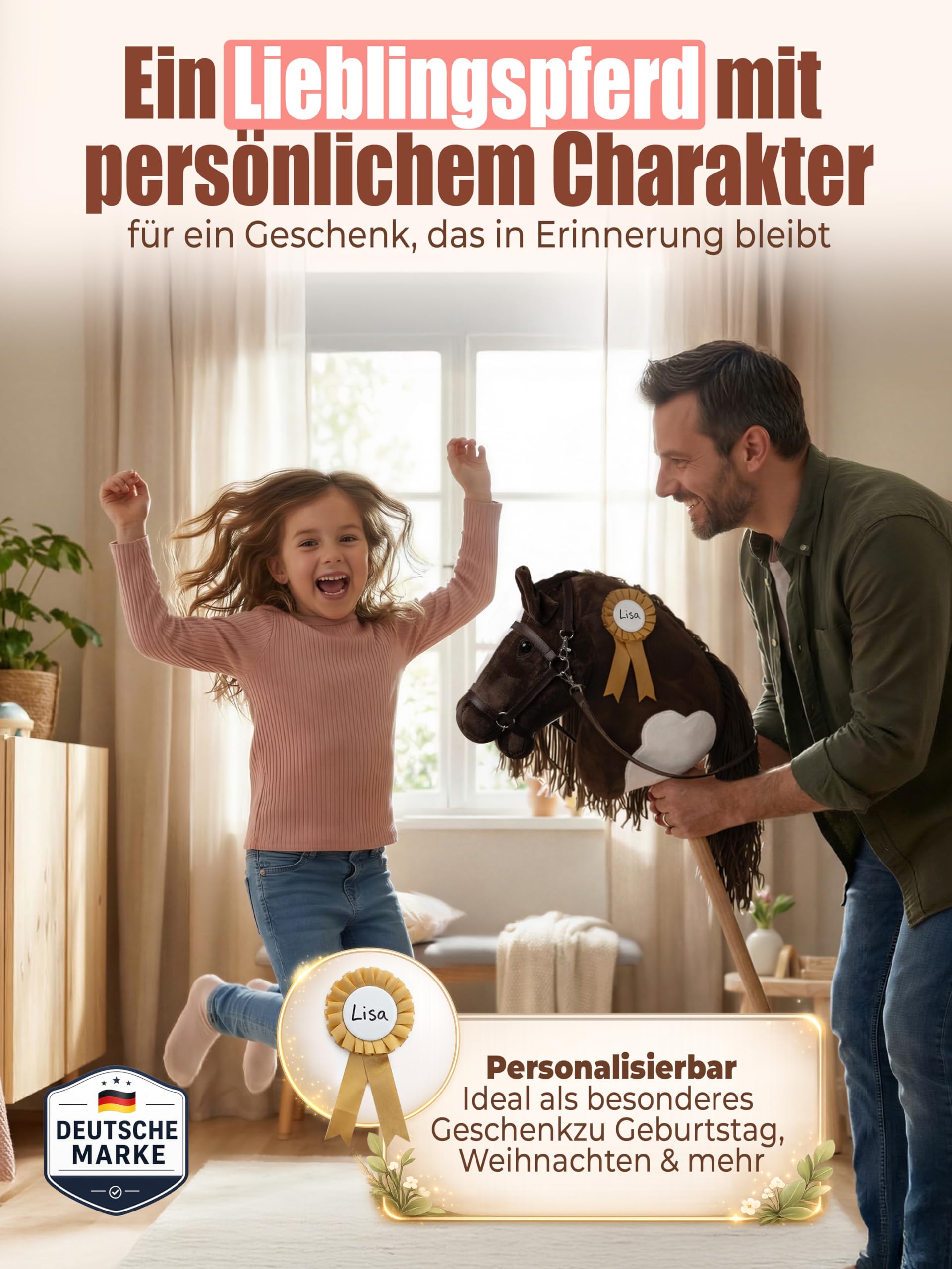 Hobby Horse Steckenpferd – Handgefertigtes Stockpferd für Kinder 4–12 Jahre - Realistisches Hobby Horsing Pferd mit verstellbarem Gurt & Turnierschleife (Braun & Weiß)