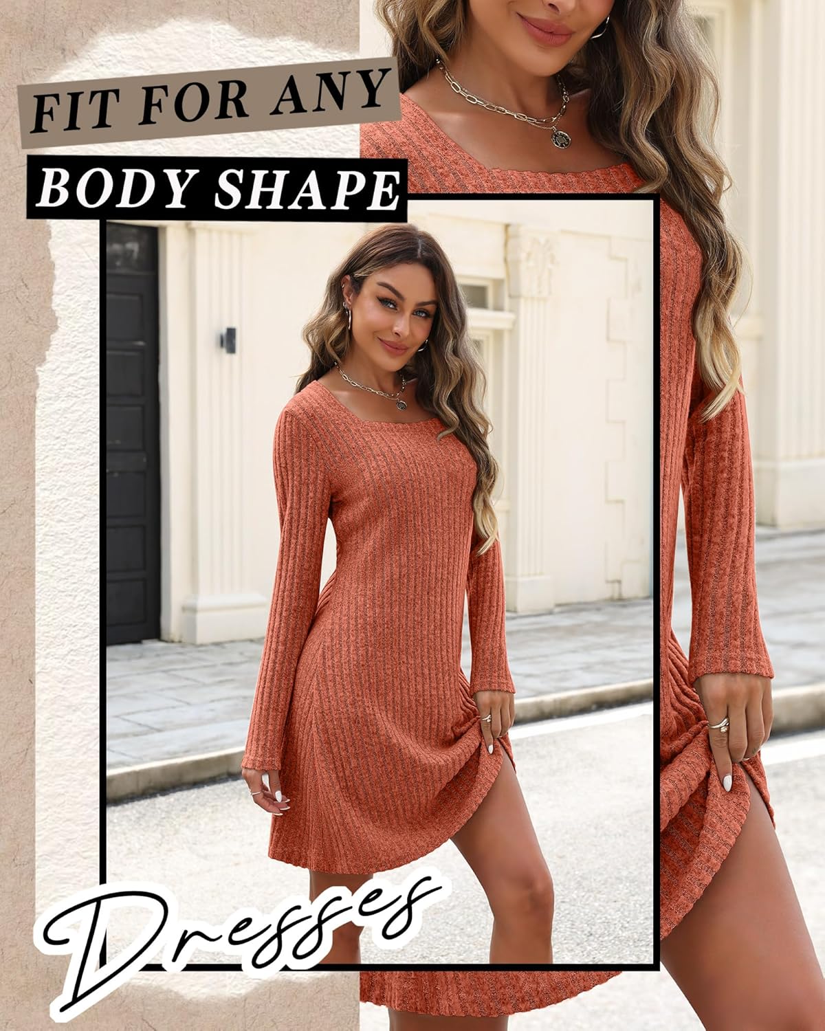 3 Pack Women's Sweater Dresses Square Neck Long Sleeve Ribbed Knit Casual Tunic Dress Fall Winter Trendy Outfits(Dark Caramel, Brown, Black,Small) - Image 6