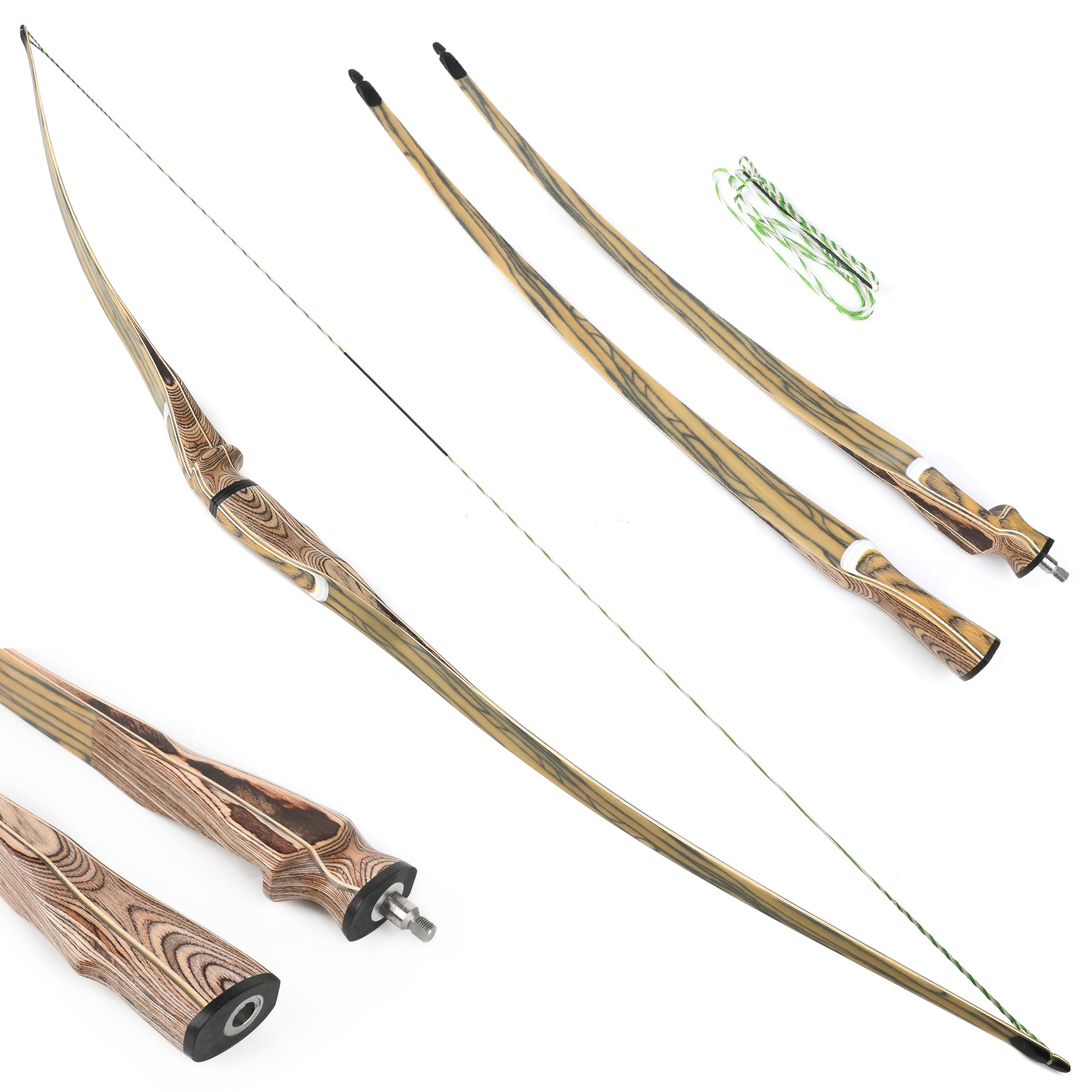 Archery Takedown Traditional Longbow Recurve Bow and Arrows Set, 60” 62" 64" Detachable Hunting Bow Triangle Long Bow 20-50lbs Wooden Horsebow for Adult Hunting Practice (64" /Only Bow, 40lbs)