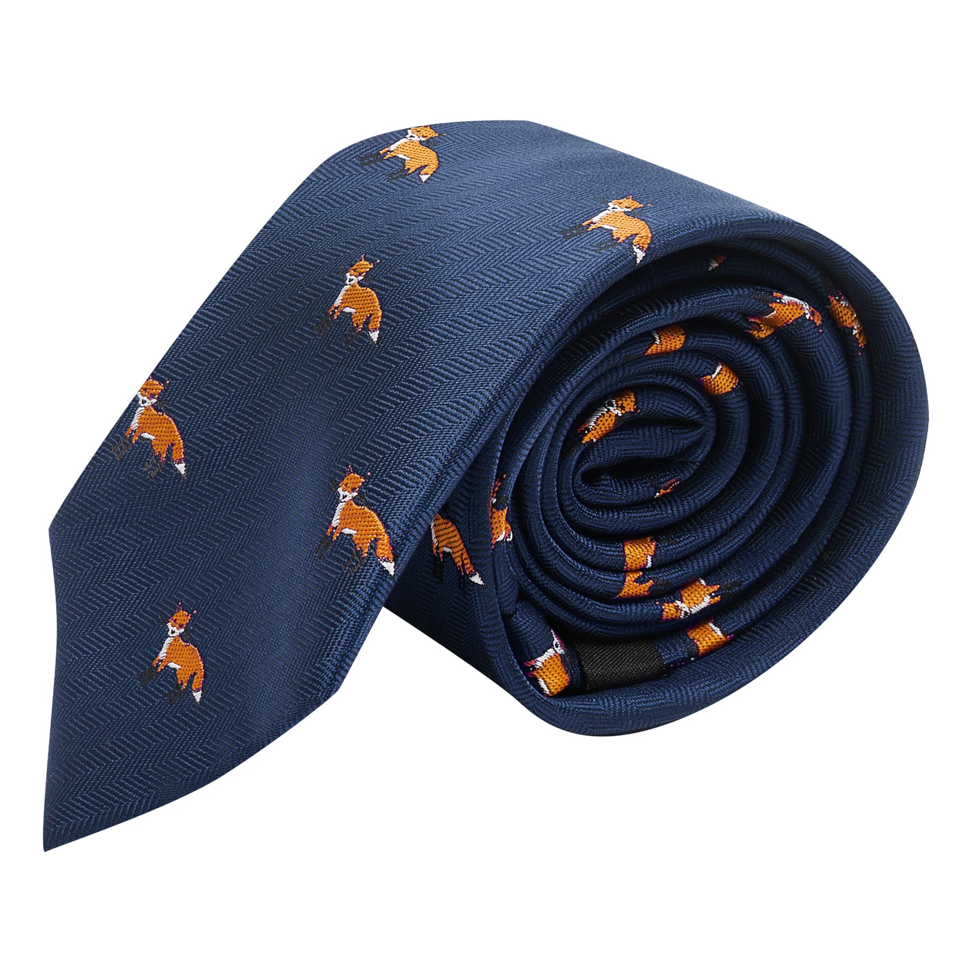 King & Priory Navy Blue Herringbone Embroidered Fox Tie