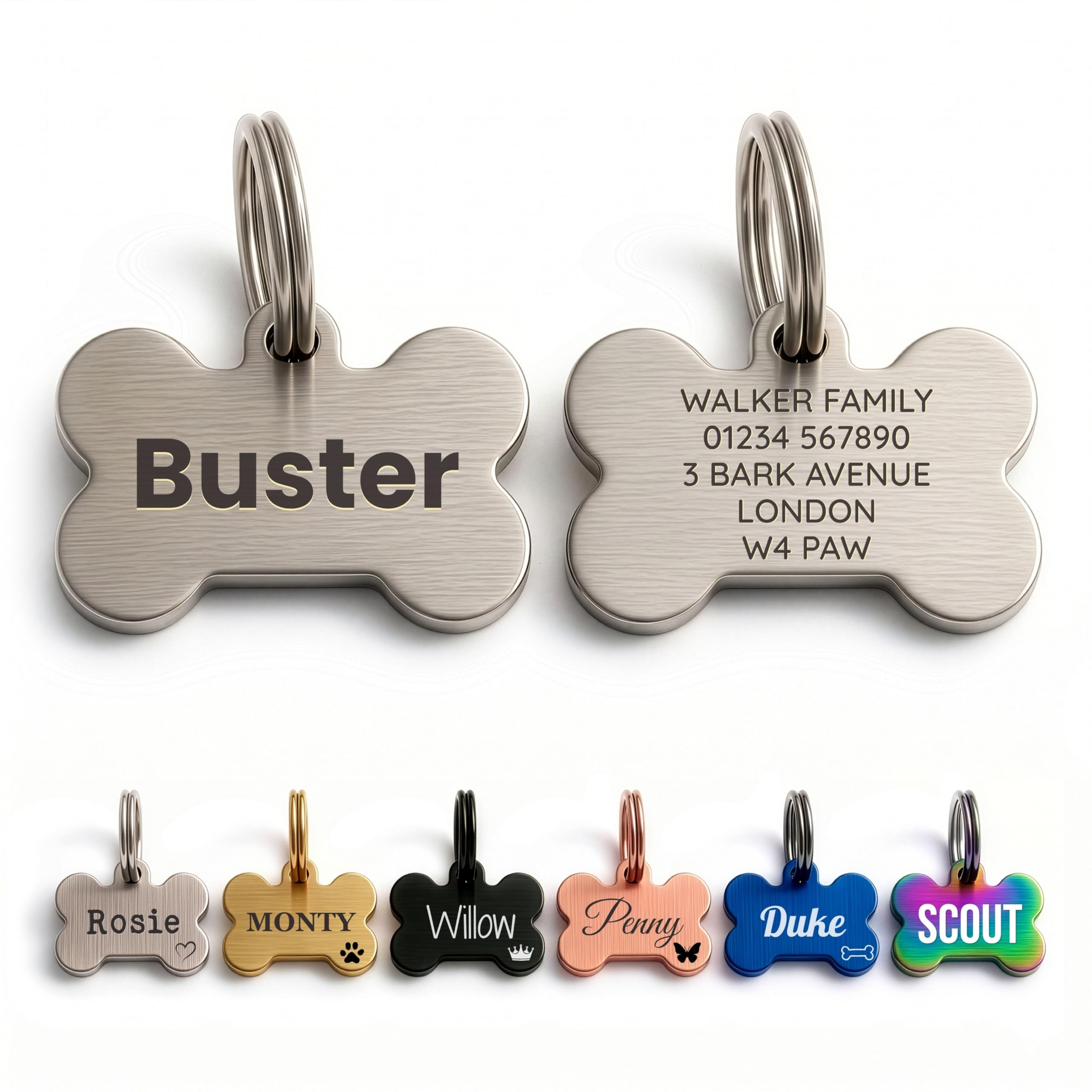 The Stately Hound Dog Tags for Pets Engraved UK, Silver Bone, Medium