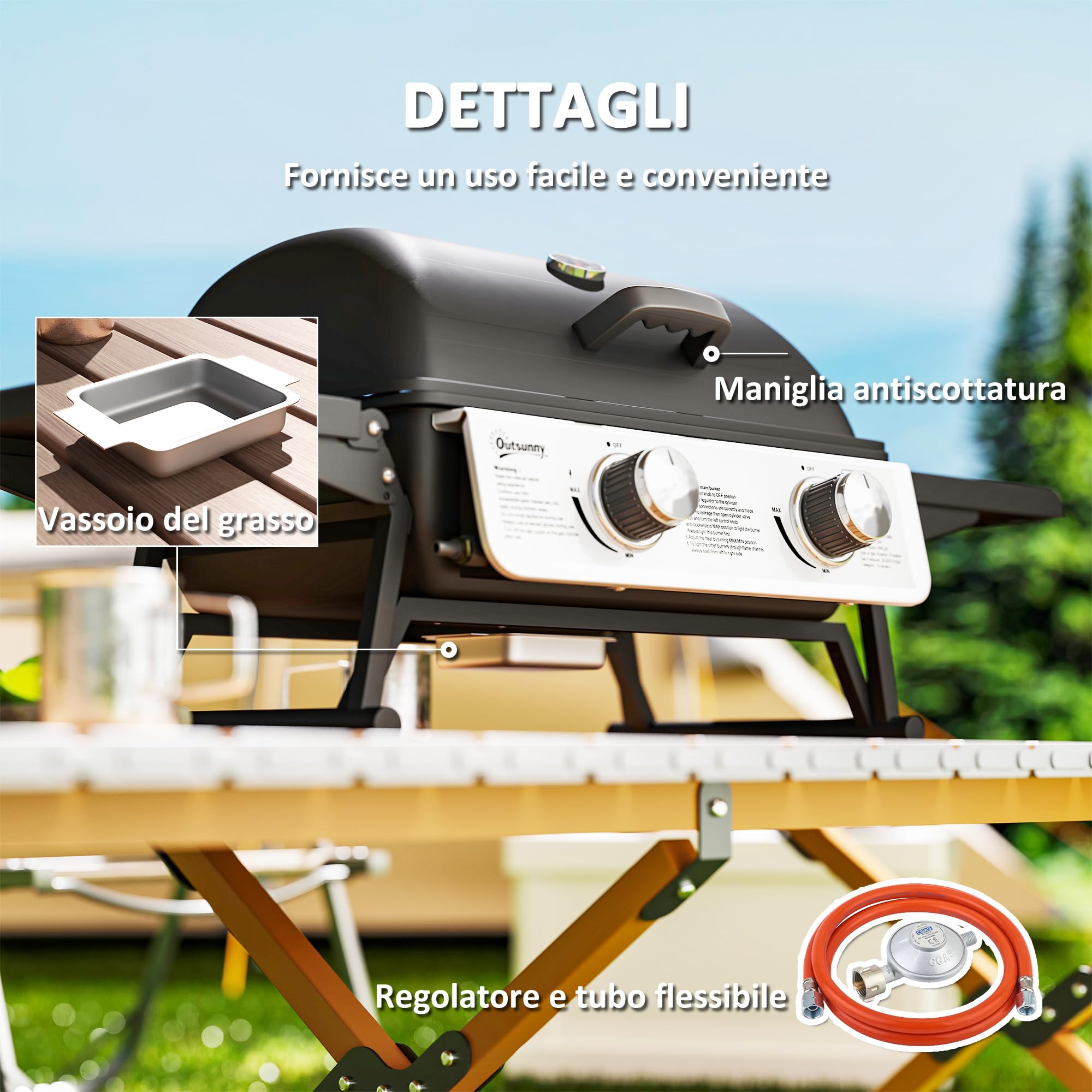 Outsunny Barbecue a Gas 2 Bruciatori 2.8kW Griglia Portatile da Tavolo Nero