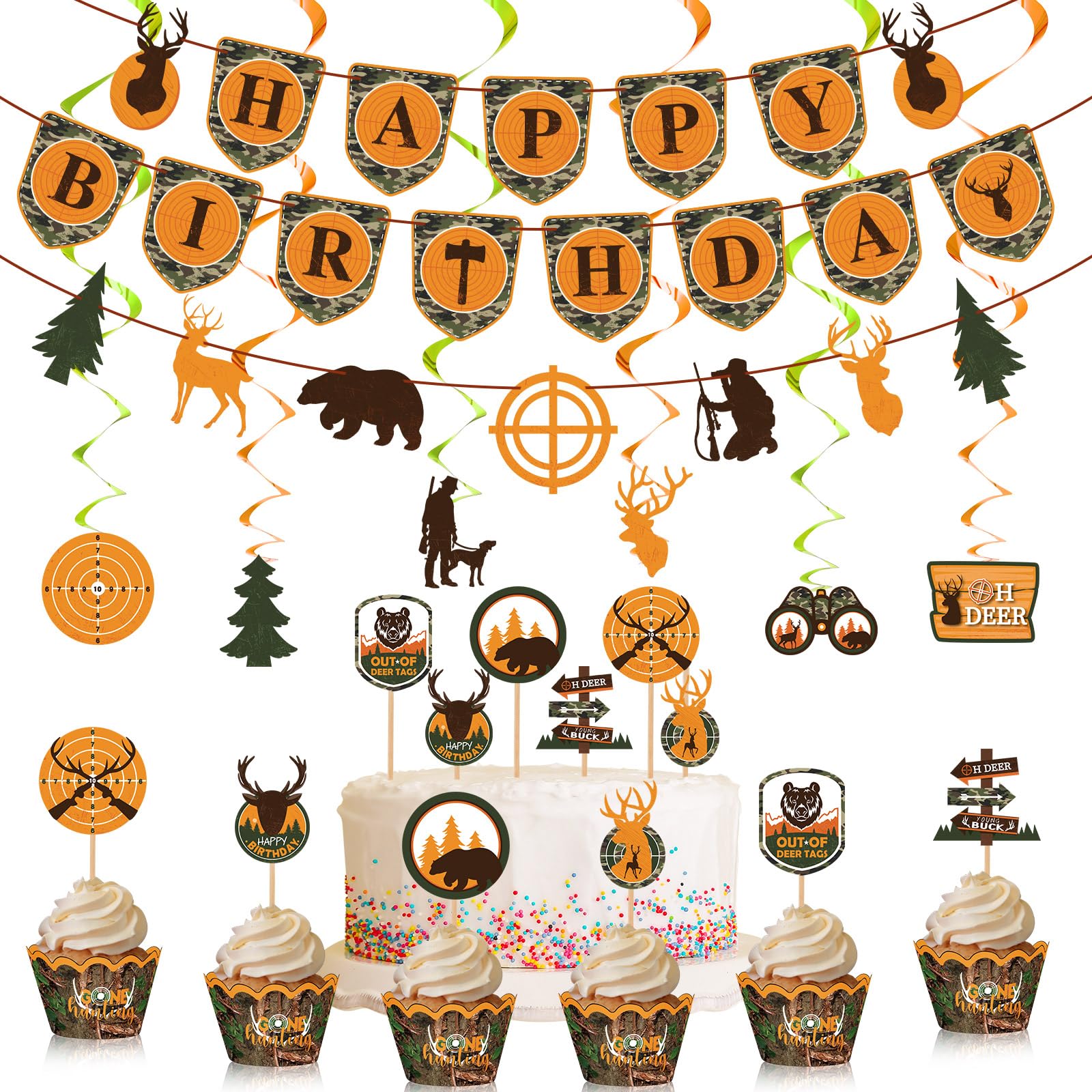 Dianelhall 62 Pcs Hunting Theme Party Decorations Hunting Birthday Banner Camo Birthday Party Supplies Camo Cupcake Toppers Swirls Deer Decorations