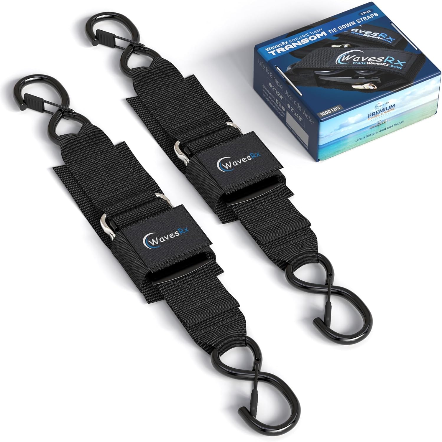 WavesRx Premium Boat & Jet Ski Trailer Transom Straps - Marine Tie Downs - Adjustable via Quick Release Buckle - Must Have Boating Accessories for Safe and Secure Transportation of Your Watercraft