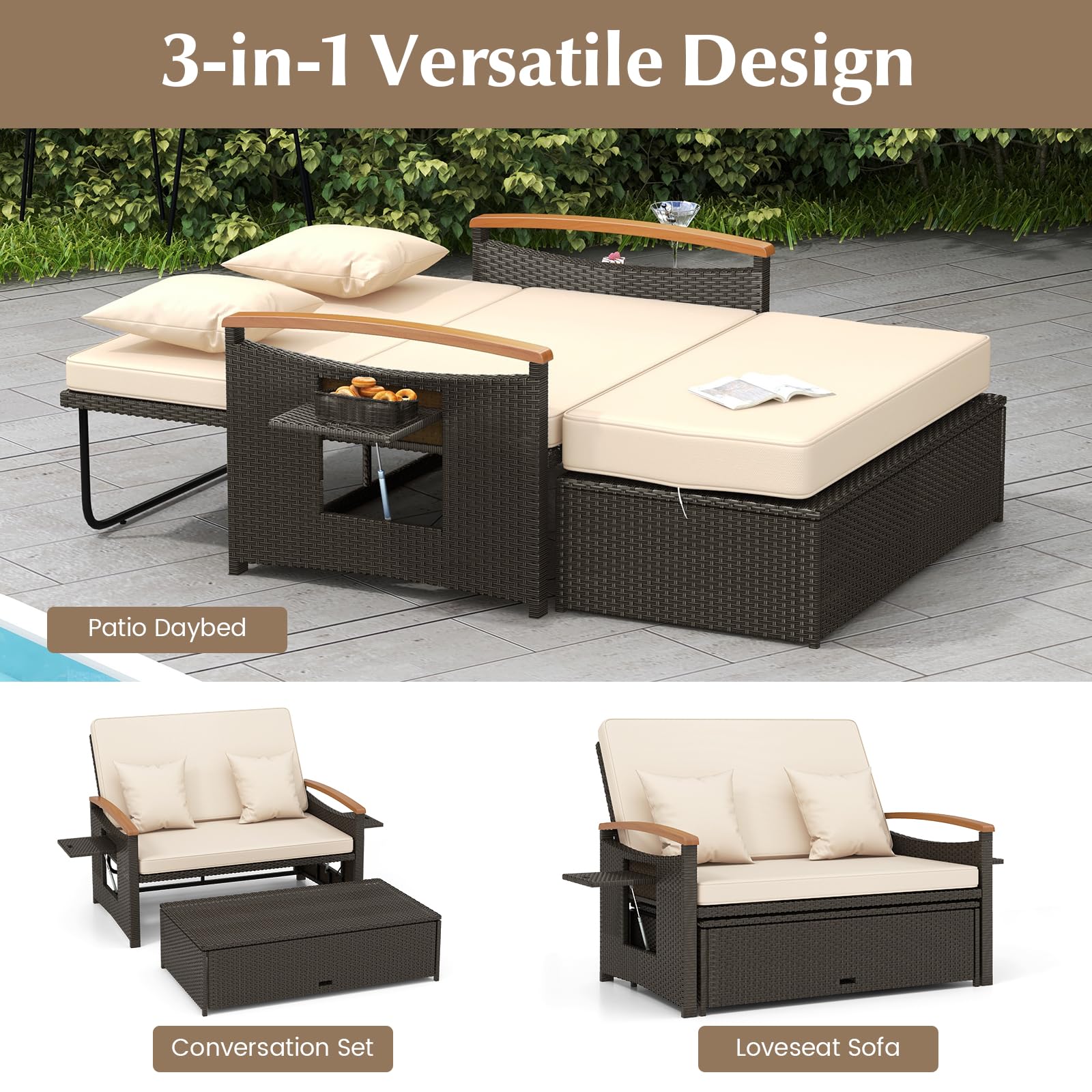 GIANTEX Divano da Giardino in Rattan a 2 Posti con Funzione Allungata, Set di Mobili in Rattan con Sgabello, Doppia Sedia a Sdraio per 2 Persone, 3 Colori (Cuscino Beige)