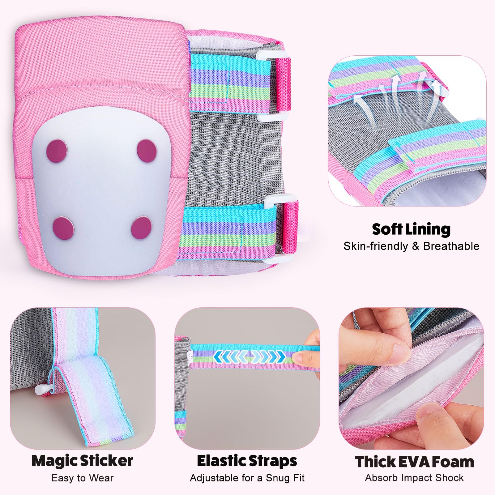 Knee Pads for Kids with LED Lights, Kids Knee Pads and Elbow Pads Wrist Guards Set with Drawstring Bag for Girls 3-8 Years Adjustable Protective Gear Set for Scootering Cycling Skateboarding