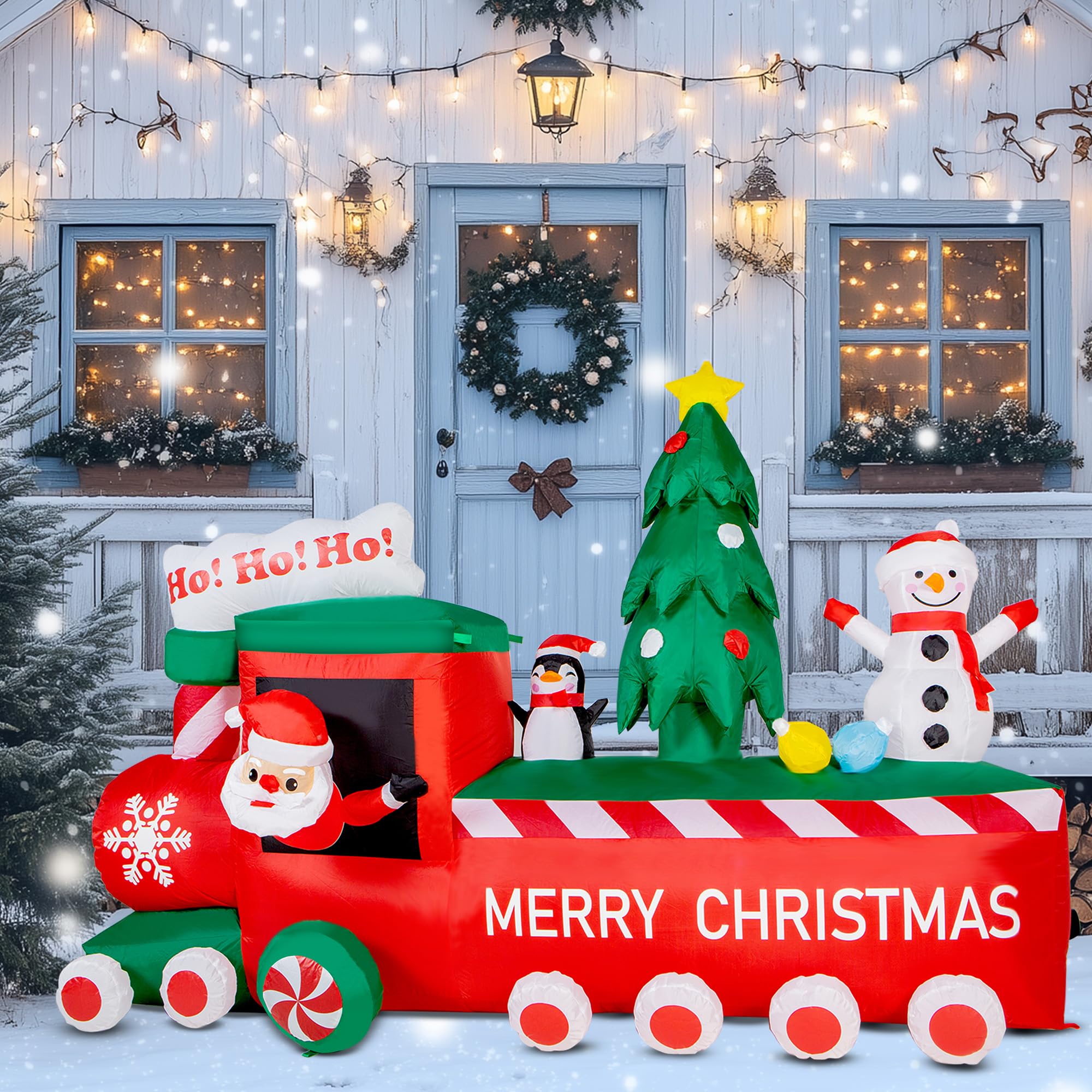 8Ft Christmas Inflatables Train Outdoor Decoration, Santa Claus Christmas Yard Decoration with Penguin & Snowman Blow Up Christmas Tree Decorations Built-in LED Lights Xmas Decor for Lawn