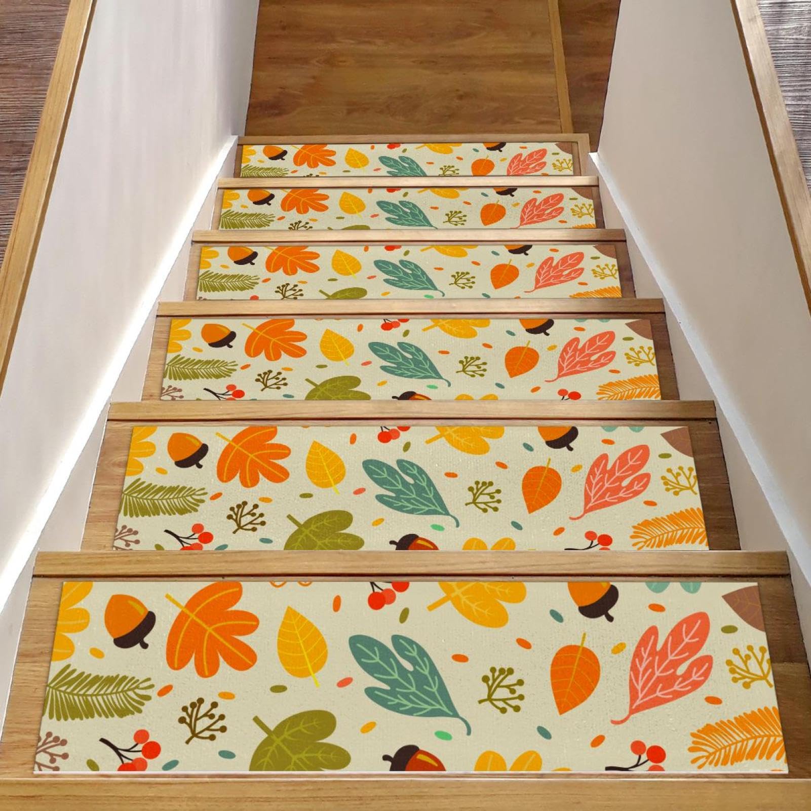 Peldaños antideslizantes de otoño (15 ud) alfombras lavables de madera para escaleras interiores