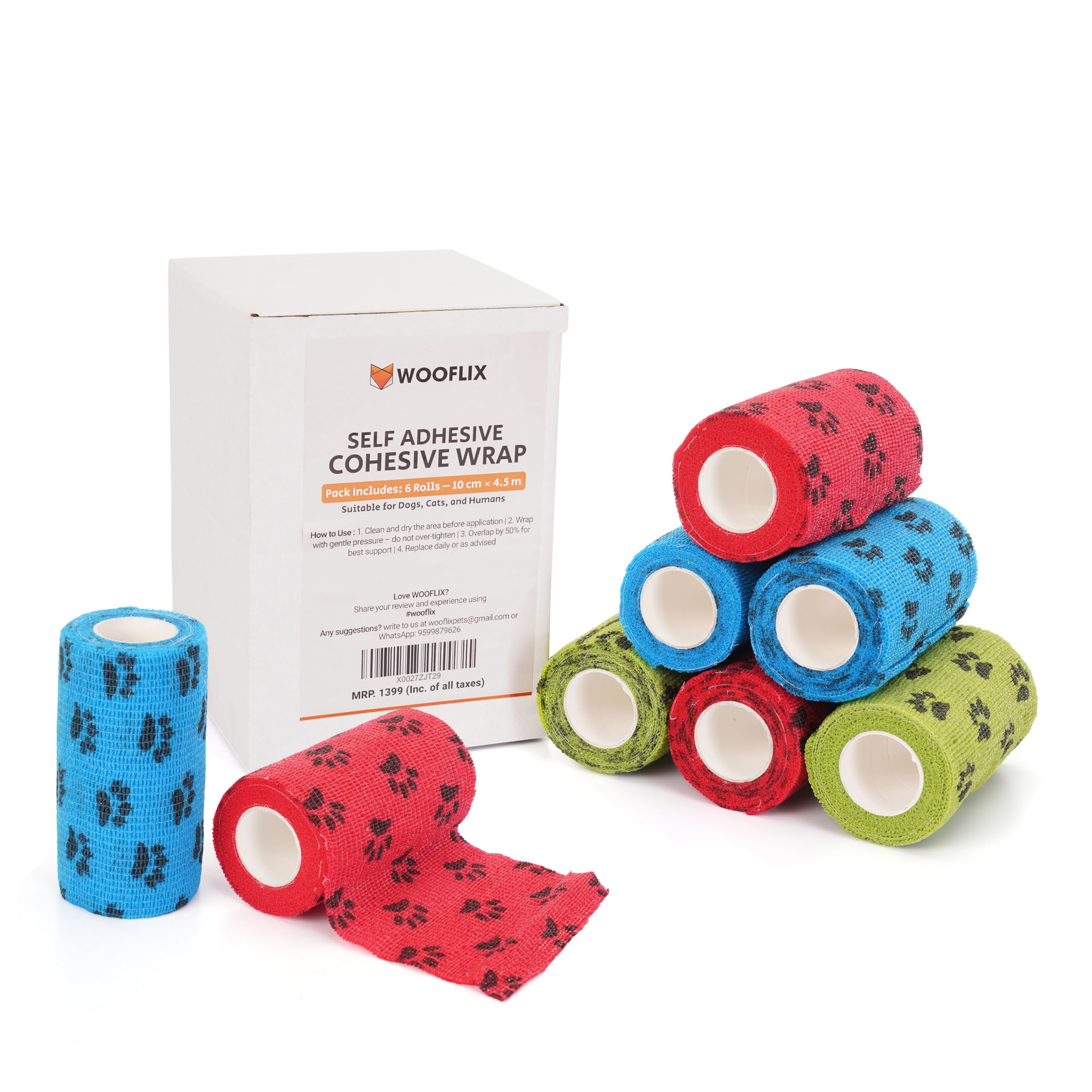 Wooflix self Adhesive Vet wrap cohesive Bandage 10 cm Wide for Dogs, Cats, & Humans - Non Woven Breathable Elastic Bandage - First aid Bandage for cat, Dogs, & Horse - Lick Proof Pack of 6 XL-image-18