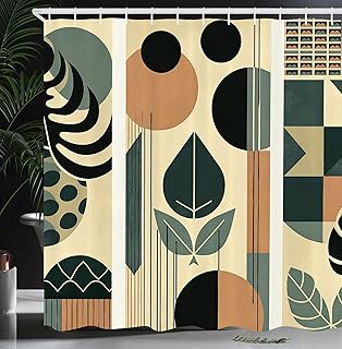 Ambesonne Monstera Shower Curtain, Boho Abstract Mid Century Geometric Shapes and Leaves Evergreen, Cloth Fabric Bathroom Decor Set with Hooks, 69" W x 70" L, Pale Reseda Green and Camel