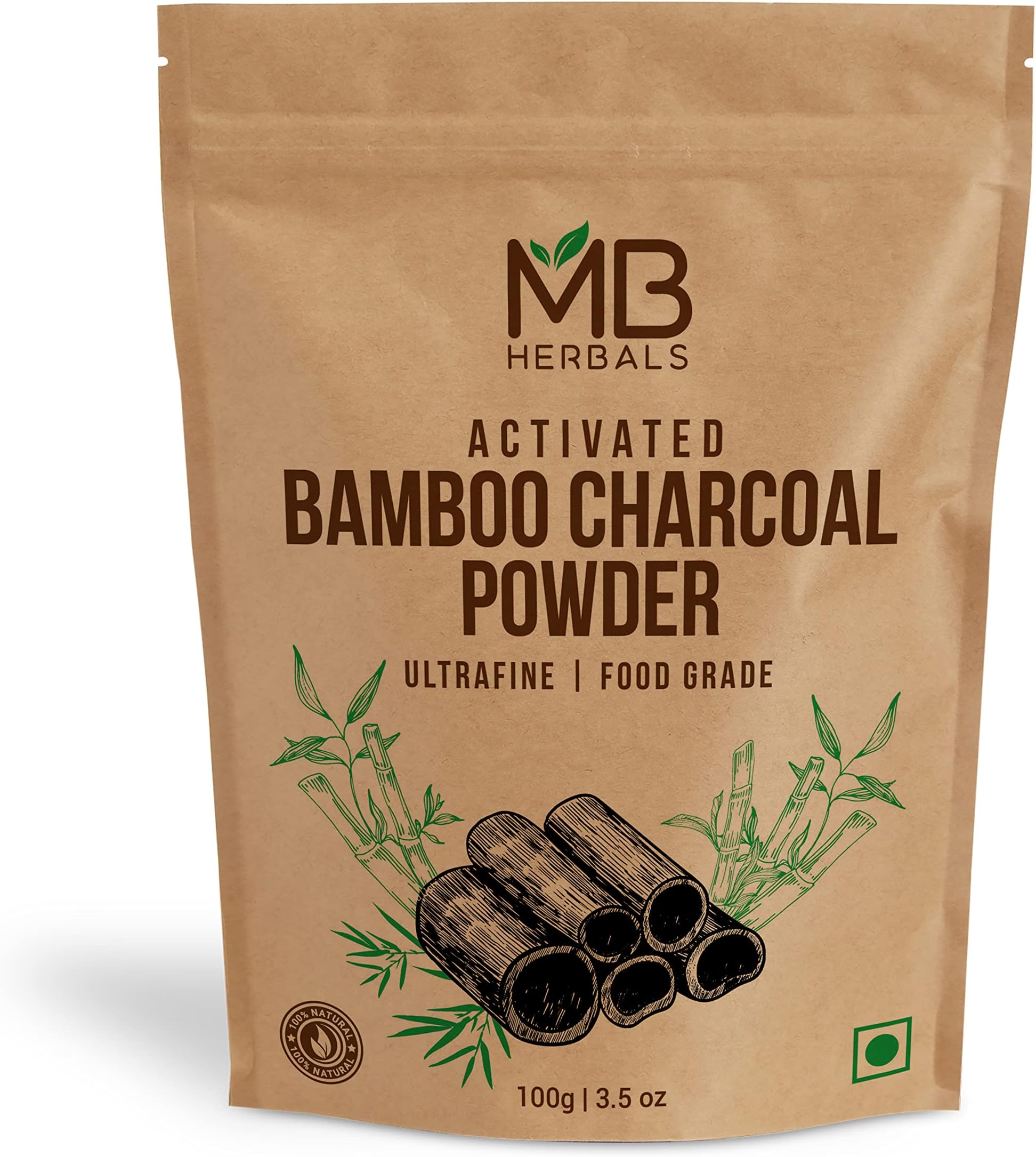 MB Herbals Activated Charcoal Powder 3.5 oz (100g) | Food Grade Bamboo Charcoal | Deep Cleansing for Skin & Hair | Ideal for Face Masks, Toothpowder & DIY Care
