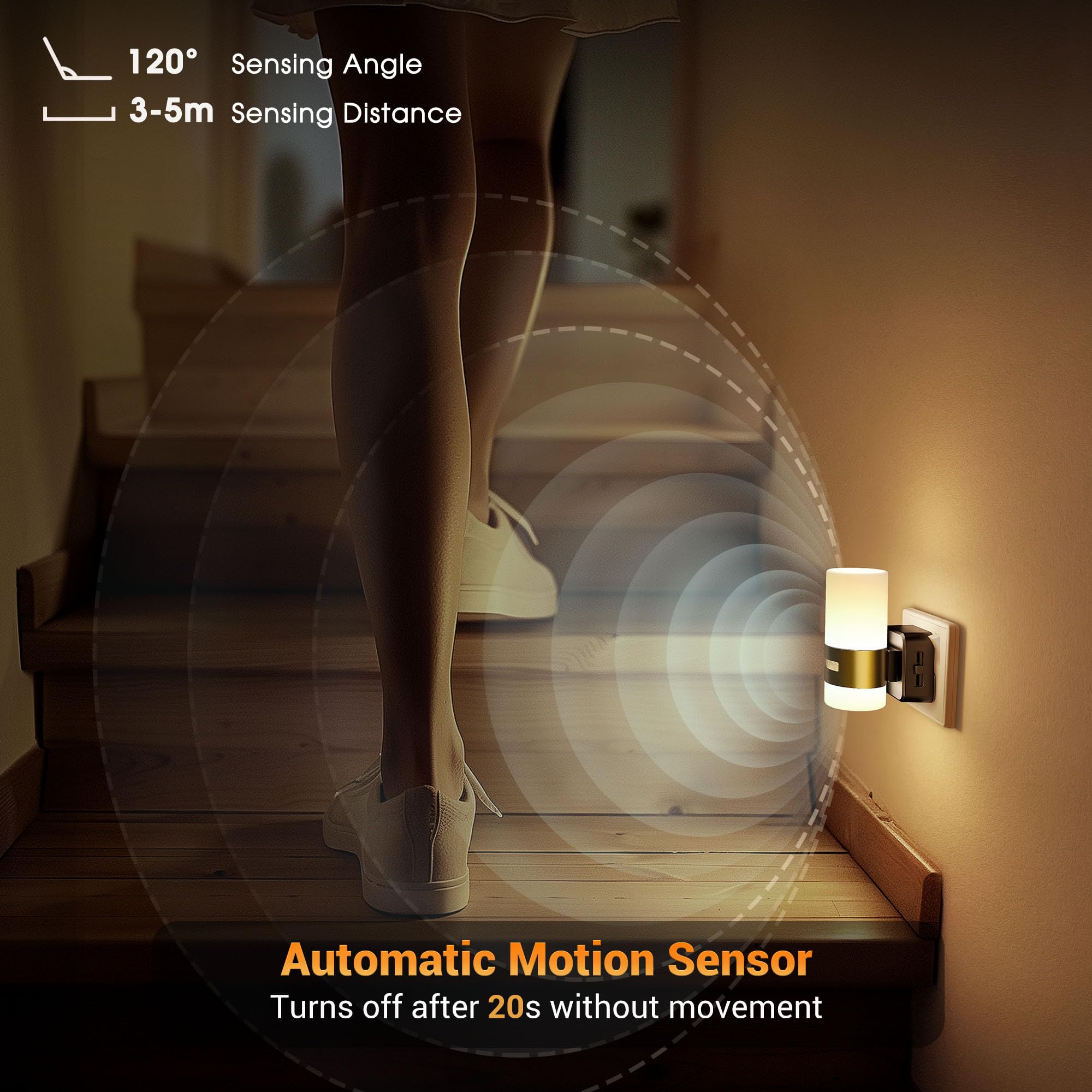 JandCase Motion Sensor Night Light Plug in Wall, Plug in Night Light Dimmable 0-100LM, 3000K Warm White - Image 2