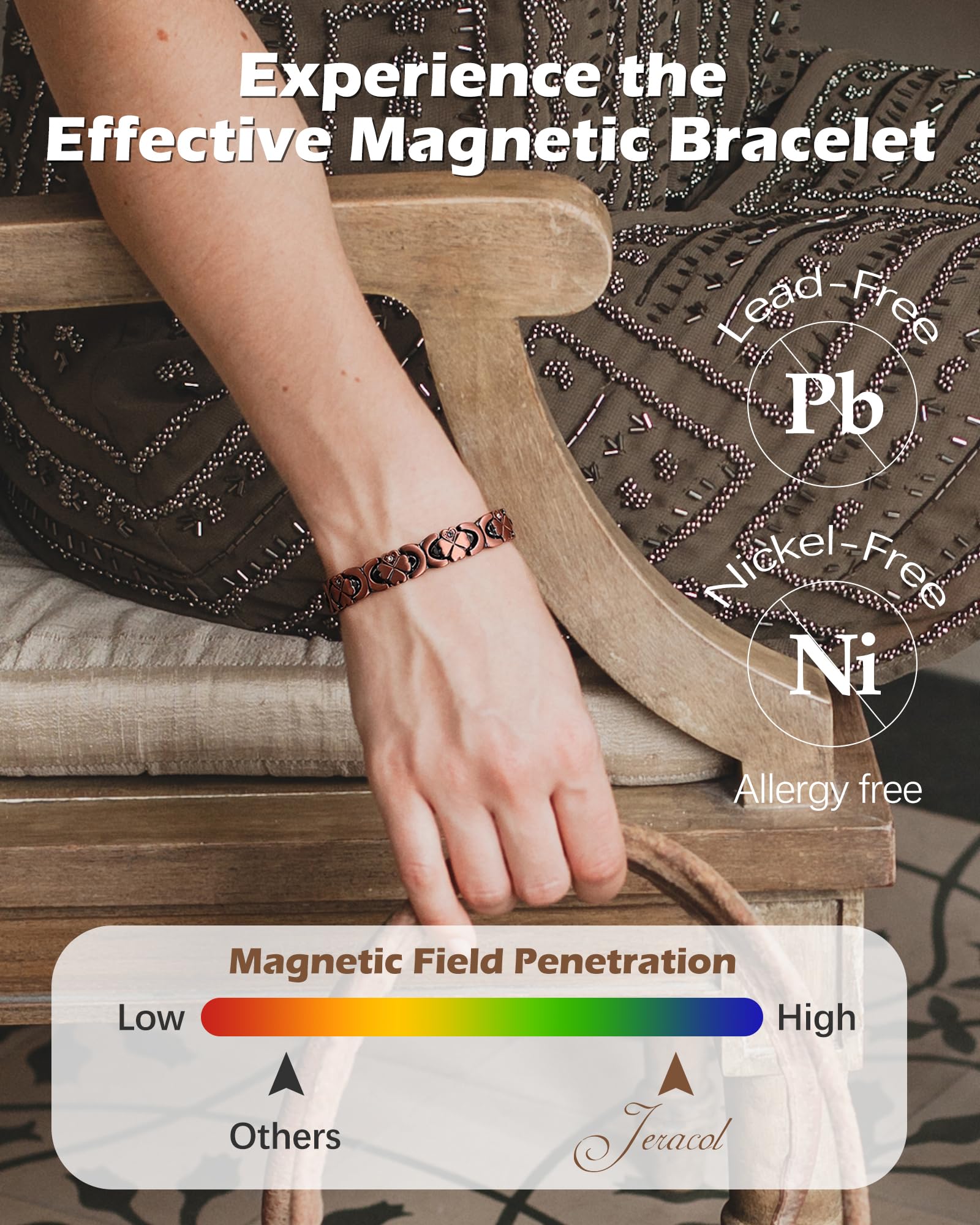 HHRFCS Kupferarmbänder für Damen, Magnetarmband mit 4 Magneten pro Glied und kreisförmig geschliffenen Kristallen, 99% reines Kupfer, Schmuckgeschenk