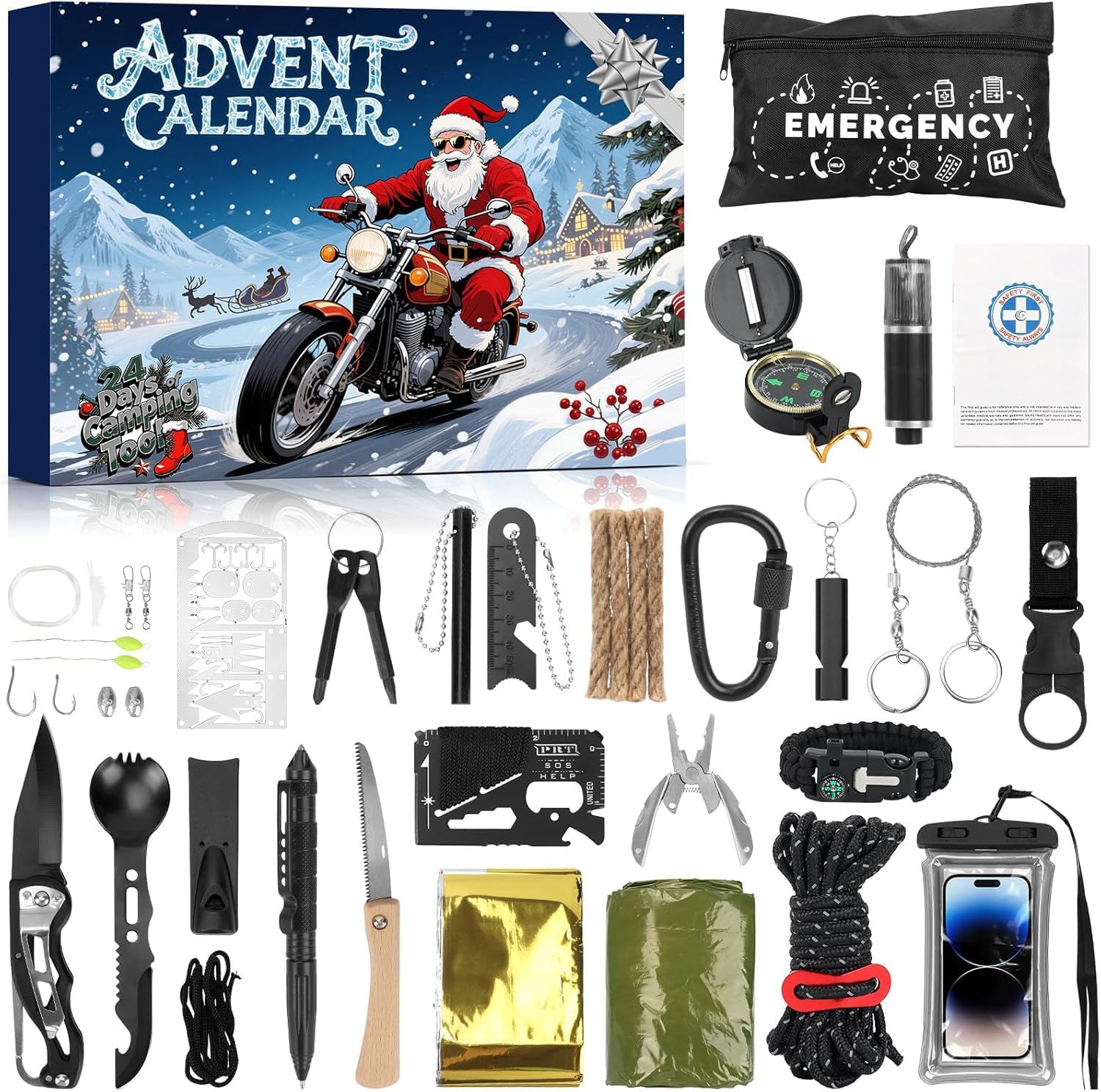Calendario de Adviento para hombres 2026-24 días, kit de supervivencia y gadgets al aire libre, juego de supervivencia de cuenta atrás de Navidad para camping y senderismo, regalo para papá
