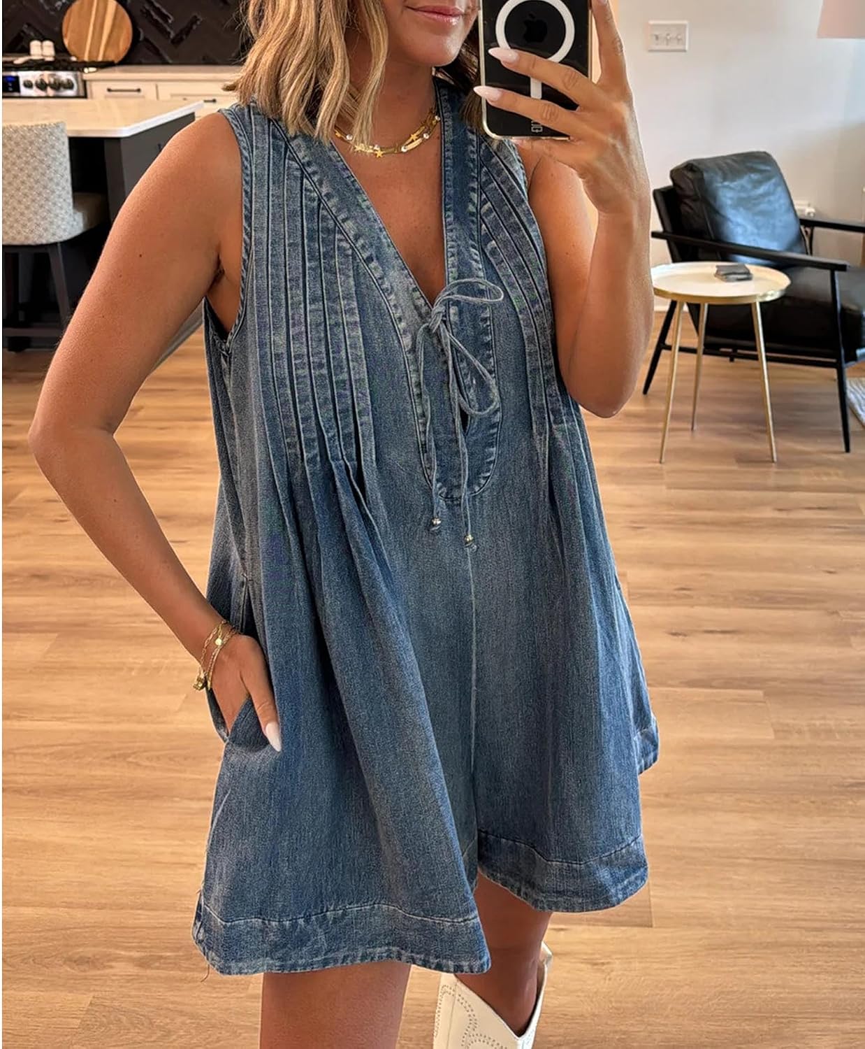 SOMTHRON Women's Casual Sleeveless Denim Romper Tie Front V Neck Summer Jean Overall Shorts With Pockets