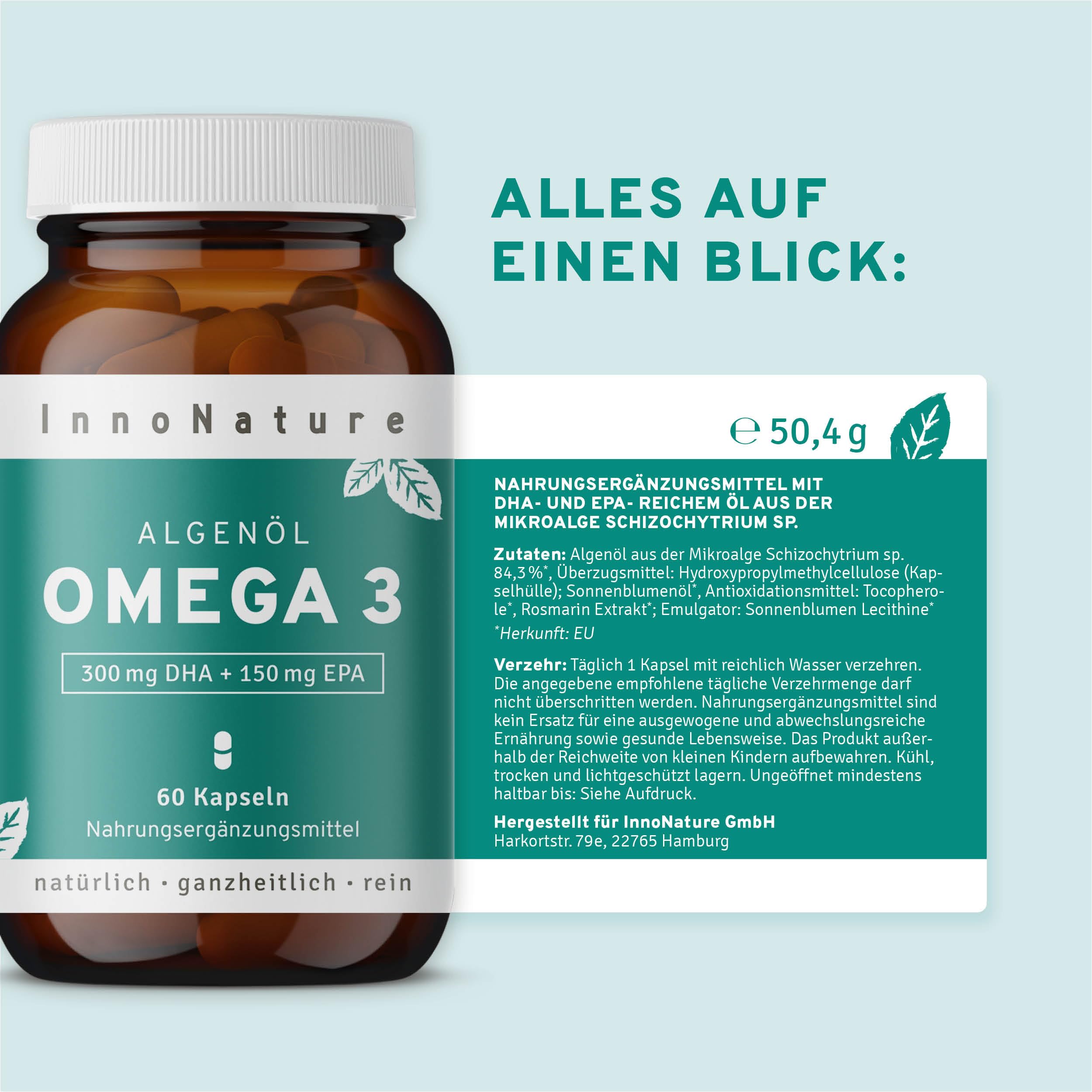 InnoNature Omega3 2:1 DHA/EPA | natürlich aus der Mikroalge Schizochytrium | 60 kapseln, 300 mg DHA und 150mg EPA | vegane Omega3 Kapseln, laborgeprüft