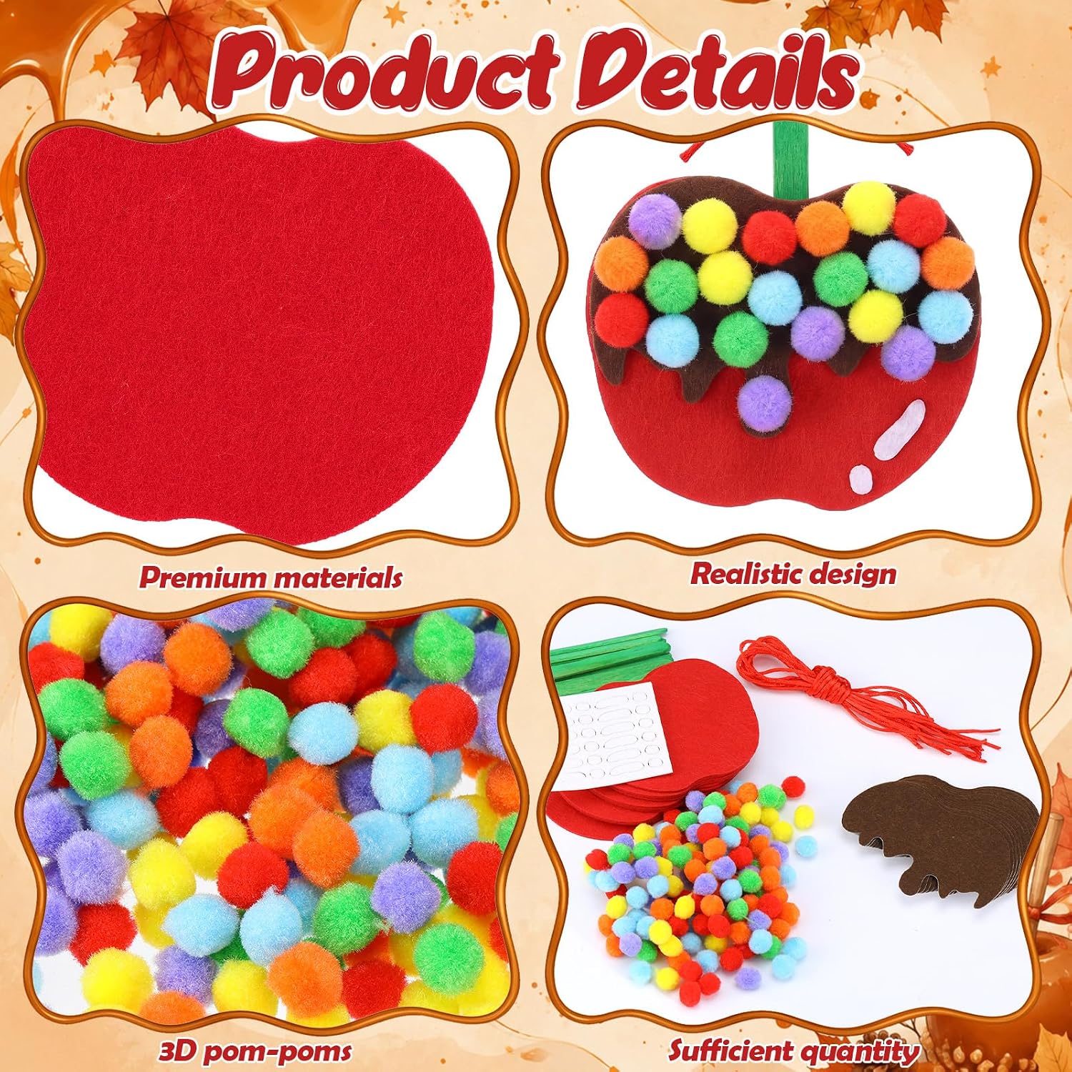 Resurhang 24 Pcs Caramel Apple Pom Pom Craft Kit Fall Theme Apple Craft Decoration Set Fall DIY Art Crafts Hanging Decor for Thanksgiving Appreciation Party Decor Activity Project