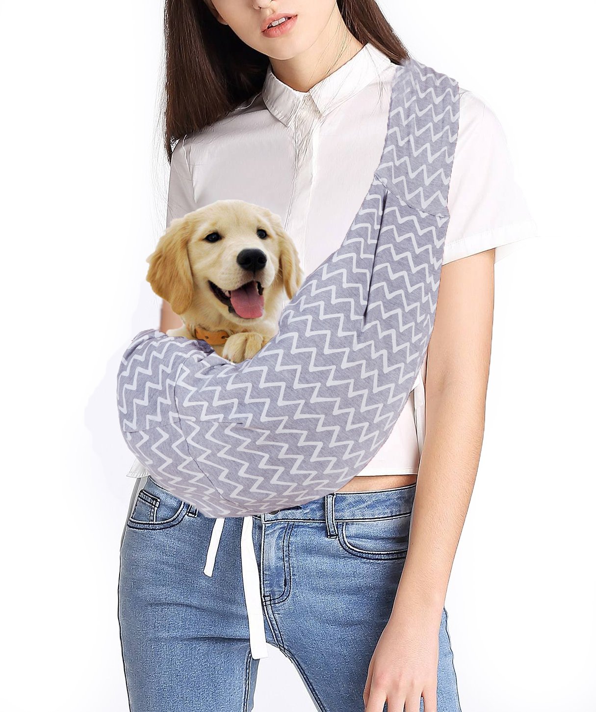 Hands-free Adjustable Pet Sling Carrier Shoulder Bag Strap Reversible for Small Medium Cats Dogs By BuBinga(Strip)