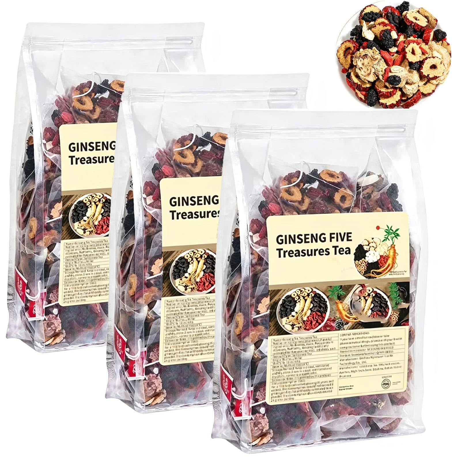 Ginseng Five Treasure Tea, Energy & Daily Balance, for Daily Wellness, Mulberry, Goji Berry, Red Date (3pc)