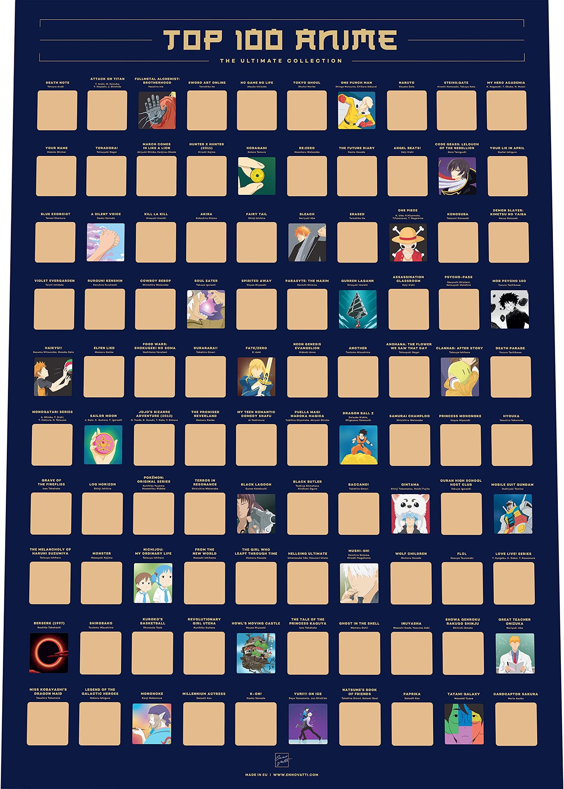 Enno Vatti 100 Anime Scratch Off Poster - 42 x 59.4 cm Top Japanese Animes of All Time Bucket List - Anime Series and Films - Ideal for Japanese Animation Fans