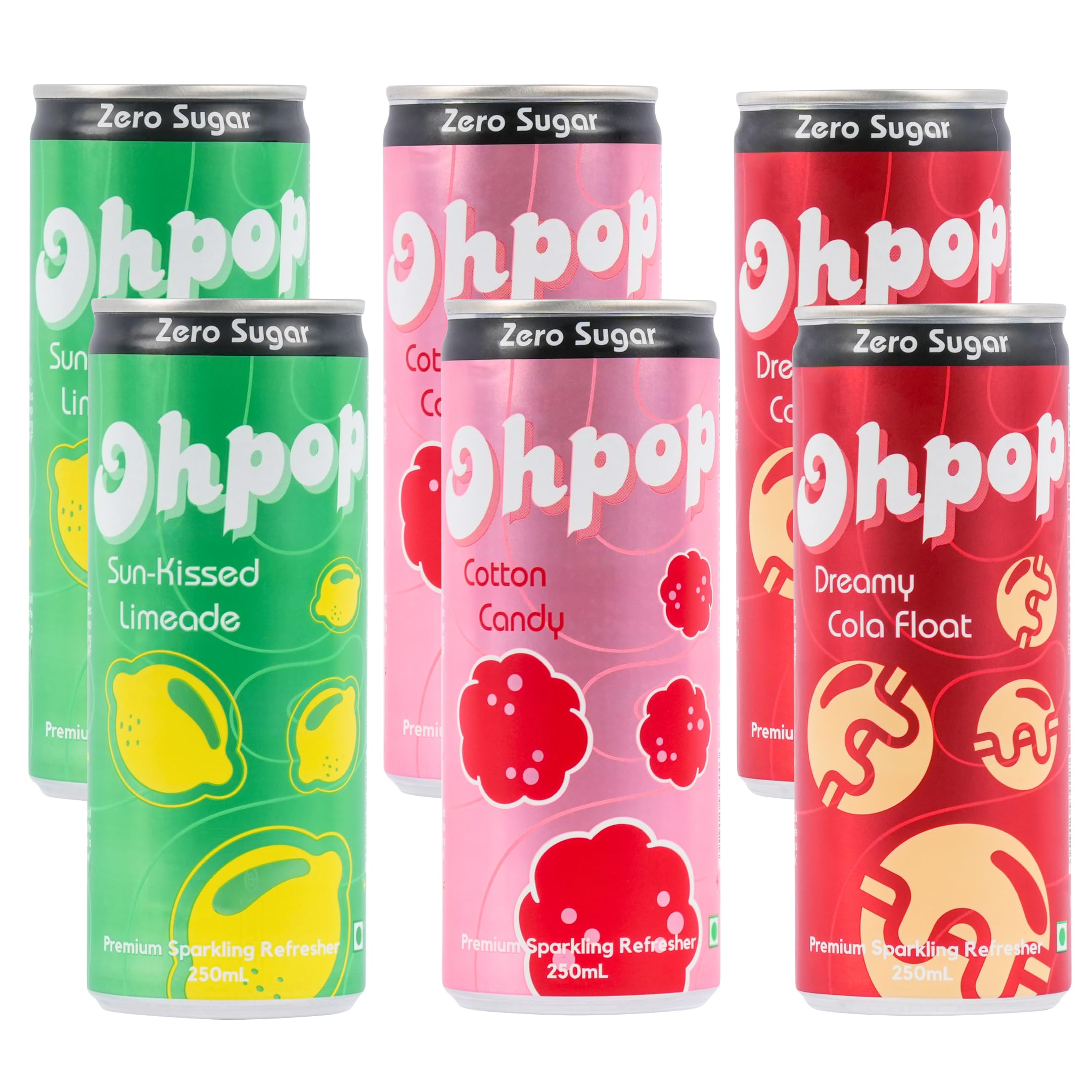 Ohpop Fun Pack- Sunkissed Limeade, Dreamy Cola Float & Cotton Candy Drink Zero sugar/Zero Calorie, Caffeine Free premium sparkling refreshers with Green Tea Extracts - Pack of 6 (Each 250ml)