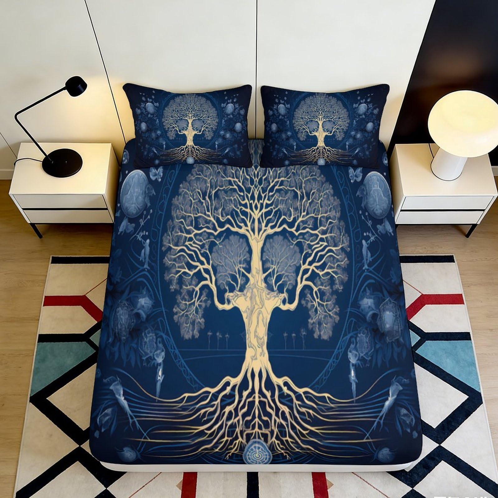 3D Printed Tree of Life Fitted Sheet Microfiber Deep Pocket Bedroom Bedding Tree of Life Mattress Fitted Cover Non-Slip Elastic 200x200x25cm 90x200x25cm