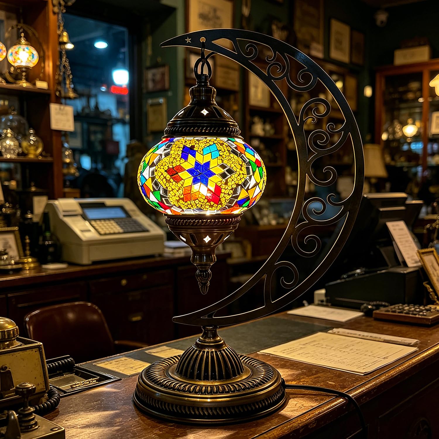 Marrakech Turkish Mosaic Table Lamp Moon Shaped with Bronze Base Mosaic Stained Glass Bedside Lamp USB Powered Turkish Night Light for Bar Coffee Shop Living Room Decor(W 6.3in x H 15.35in) — image 1
