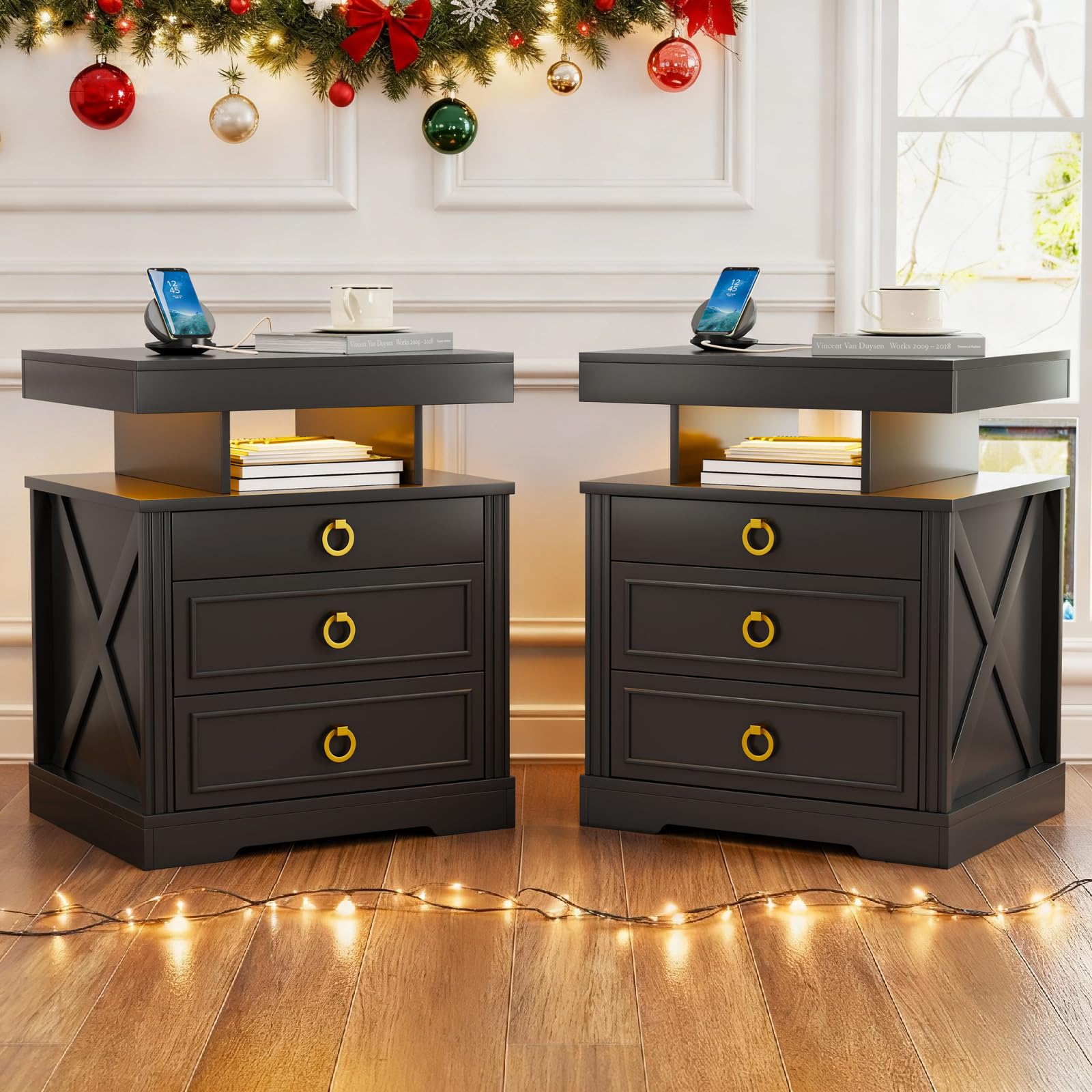 Gurexl Farmhouse Set of 2 Night Stand with Lockable Gun Drawer,LED Nightstand with Charging Station,Bedside Table with Human Sensor 3-Color Lights,End