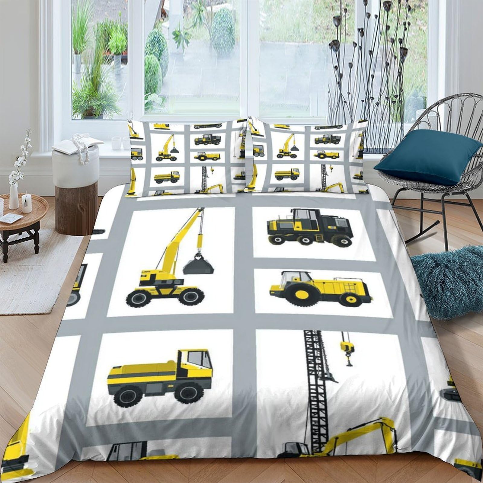 Ctjqhvkz Style-1 3D Printed Construction Vehicles Fitted Sheet Microfiber Yellow Trucks Bed Cover For Bedroom Dorm Decor Protection Single（135X200cm）