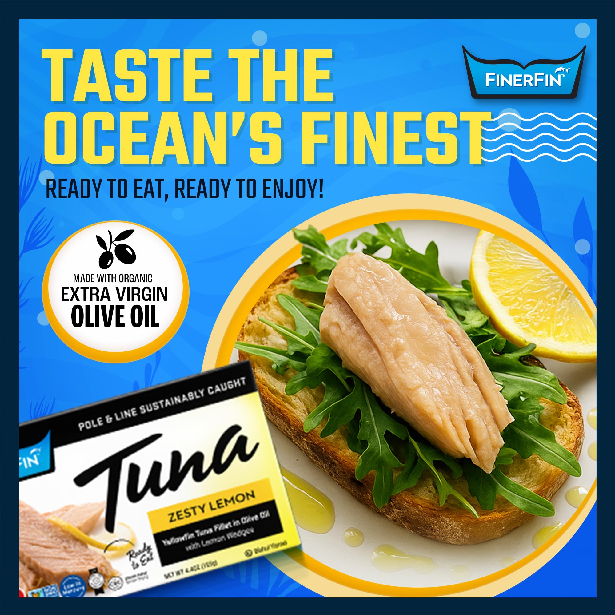 FinerFin Premium Zesty Lemon Yellowfin Tuna Fillets in Organic Extra Virgin Olive Oil, 4.4 oz | Hand Cut | Gourmet Ready-to-Eat Fillets | Gluten Free | Kosher