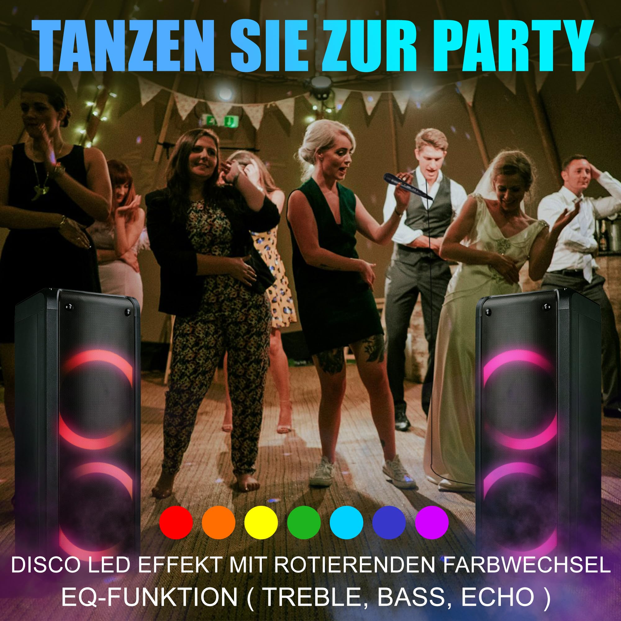REFLEXION PS09BT Mobiler Buetooth Partylautsprecher, DJ, Karaoke, 500Watt, UKW-PLL Radio, Disco LED Effekt mit Farbwechsel, incl. Mikrofon, Eingebauter Akku, Schwarz