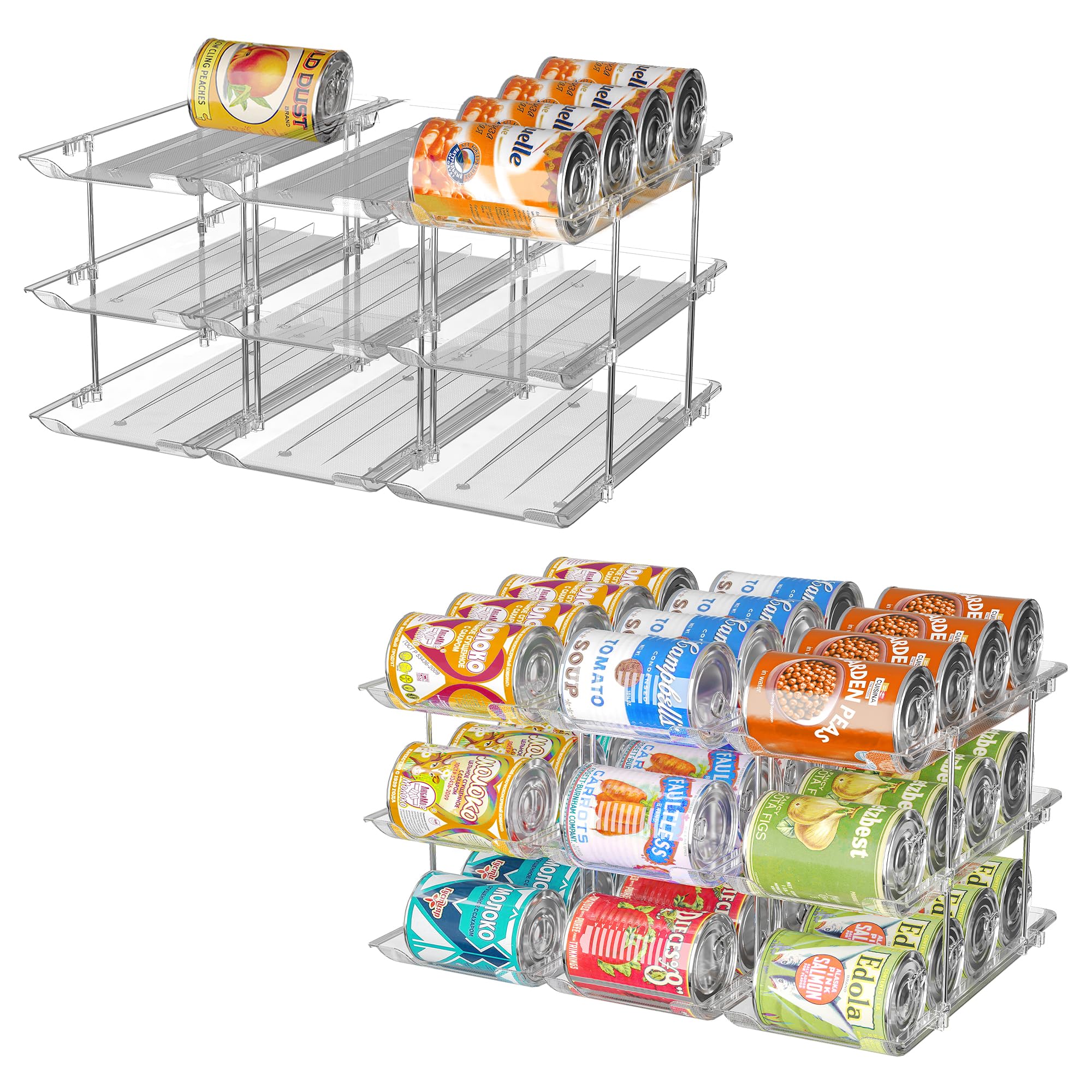 Can Organizer for Pantry, 3 Tier Stackable Rolling Can Storage Rack 2 Pack