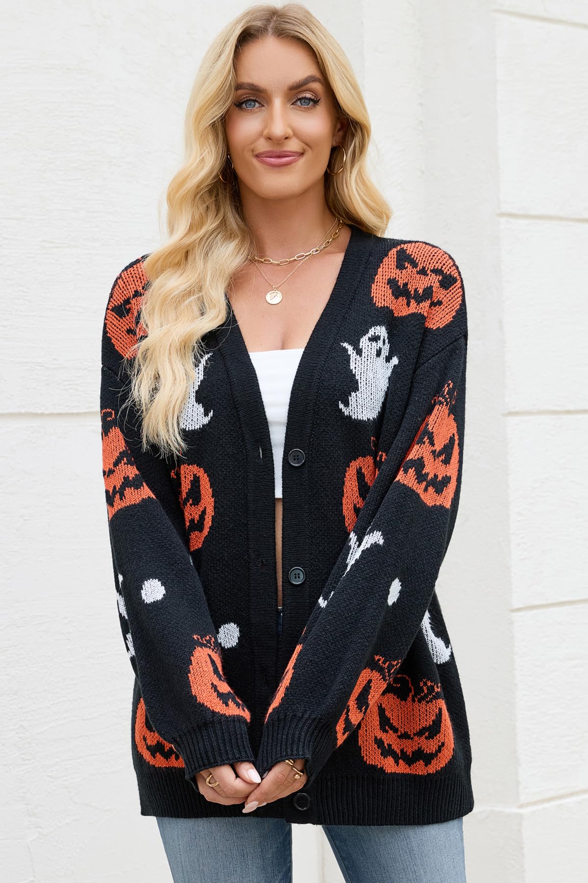 Strickjacke Damen Halloween Kürbis Ghost Rundhals Knopfleiste Cardigan