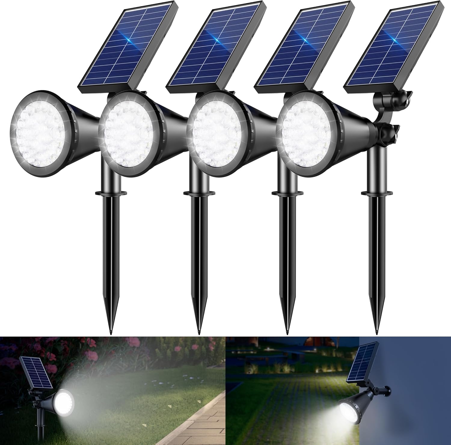 Solar Spot Lights Outdoor, 36 LEDs 1000LM Adjustable Solar Lights Outdoor Waterproof, 2-in-1 Solar Powered Spotlights Landscape Lighting for Garden, Yard, Pathway- 4 Pack (Cool White) Cool White 4 Pack