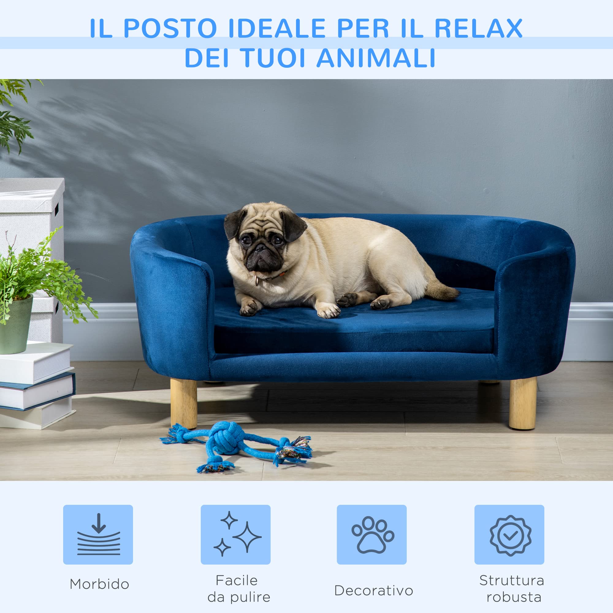 PawHut Cuccia per Cani da Interni, Divano per Gatti o Cani di Taglia Piccola e Media Max. 22.5kg, in Velluto Blu